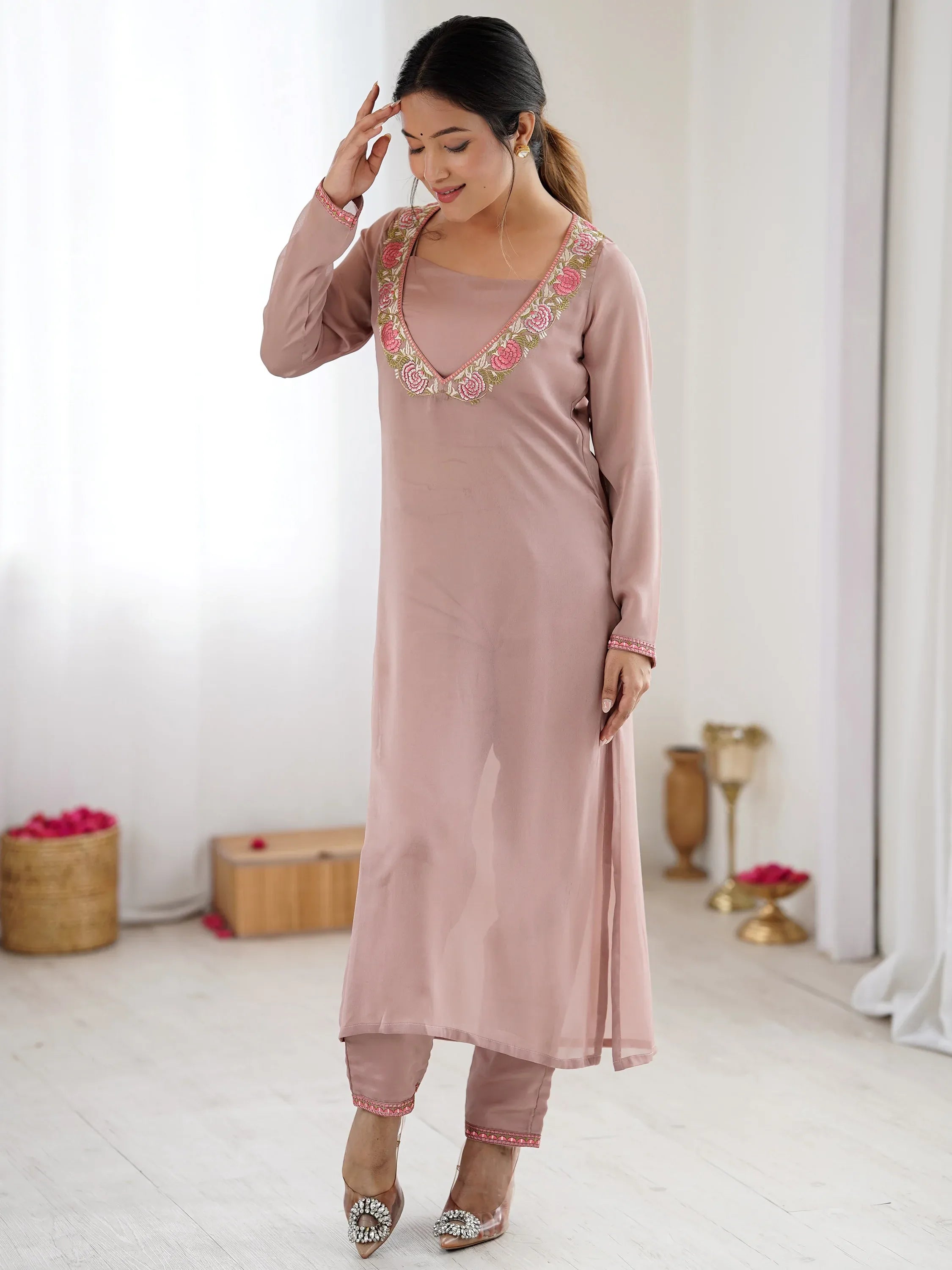 Regal Dusty Pink Embroidered Georgette Wedding Festive Wear Salwar Suit