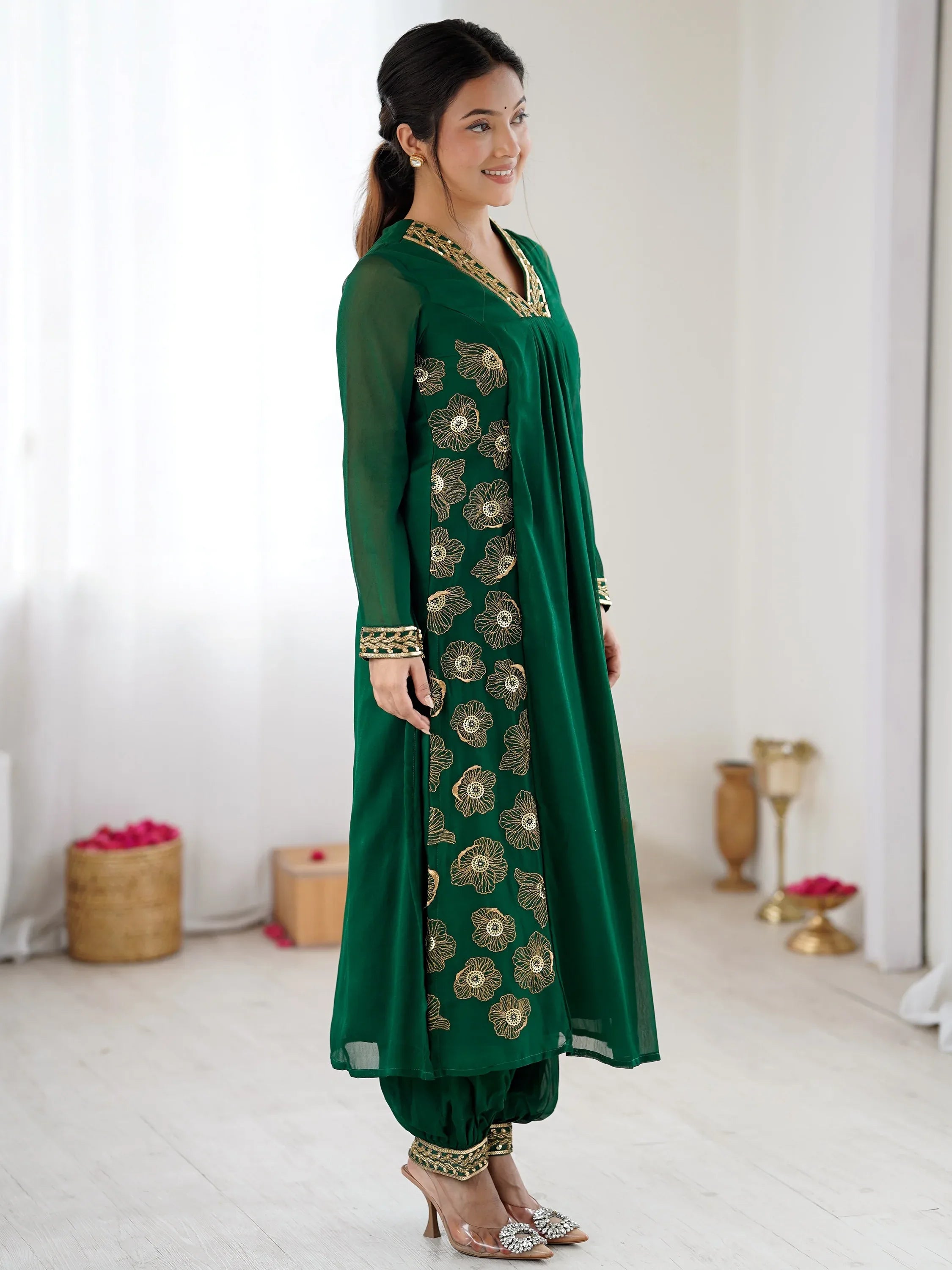 Beautiful Green Hand Work Georgette Mehendi Wear Salwar Suit