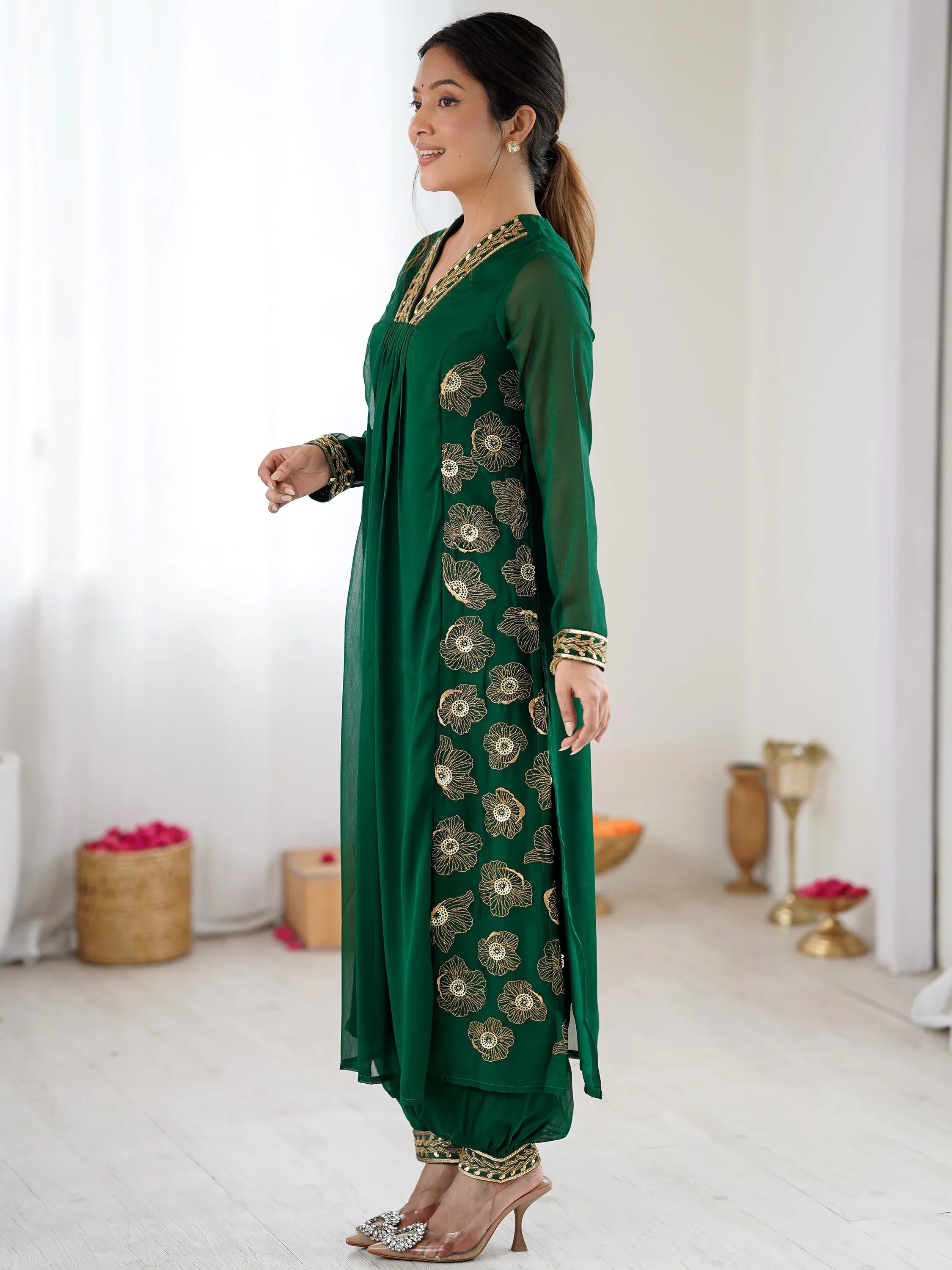 Beautiful Green Hand Work Georgette Mehendi Wear Salwar Suit