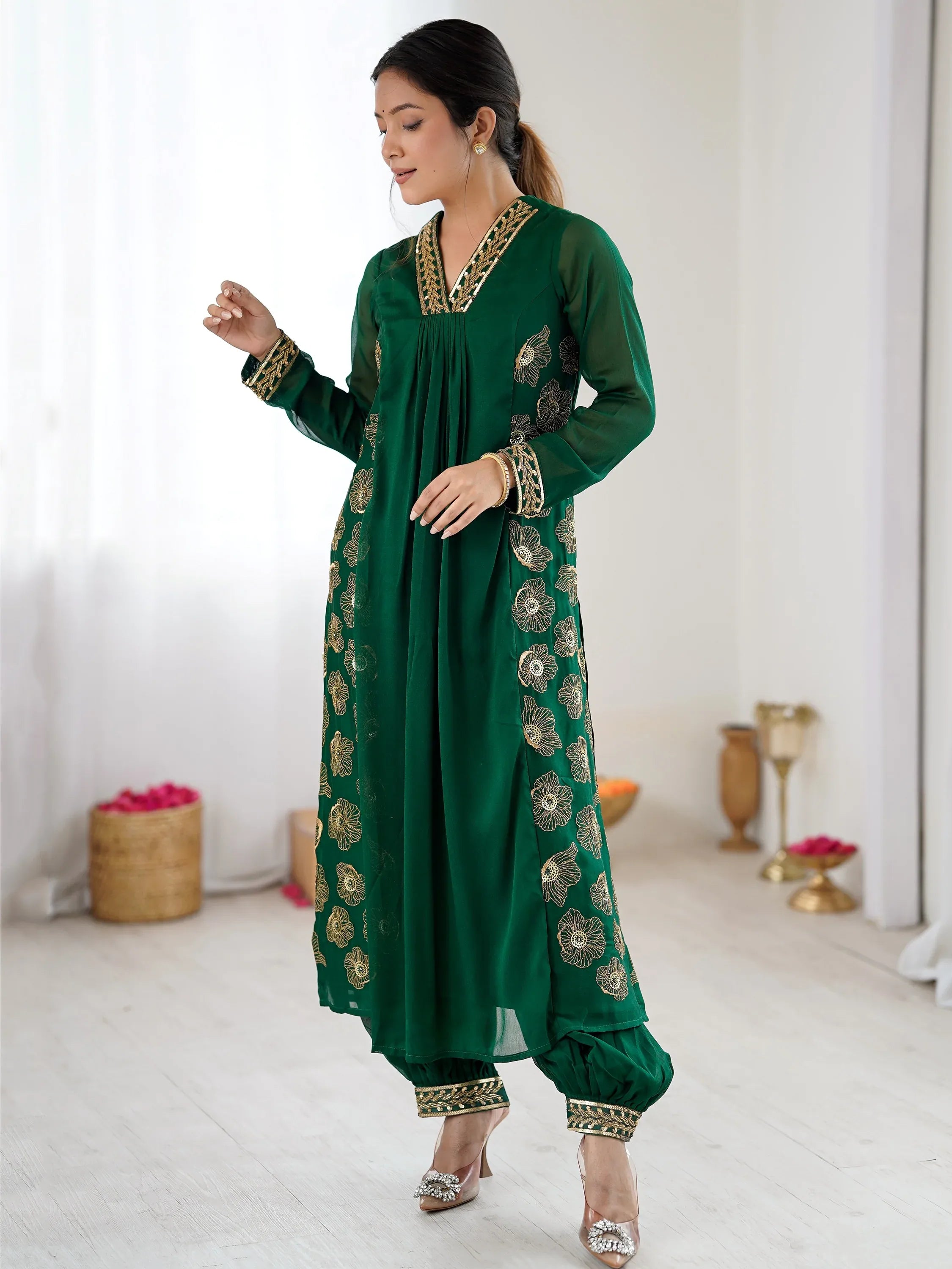 Beautiful Green Hand Work Georgette Mehendi Wear Salwar Suit
