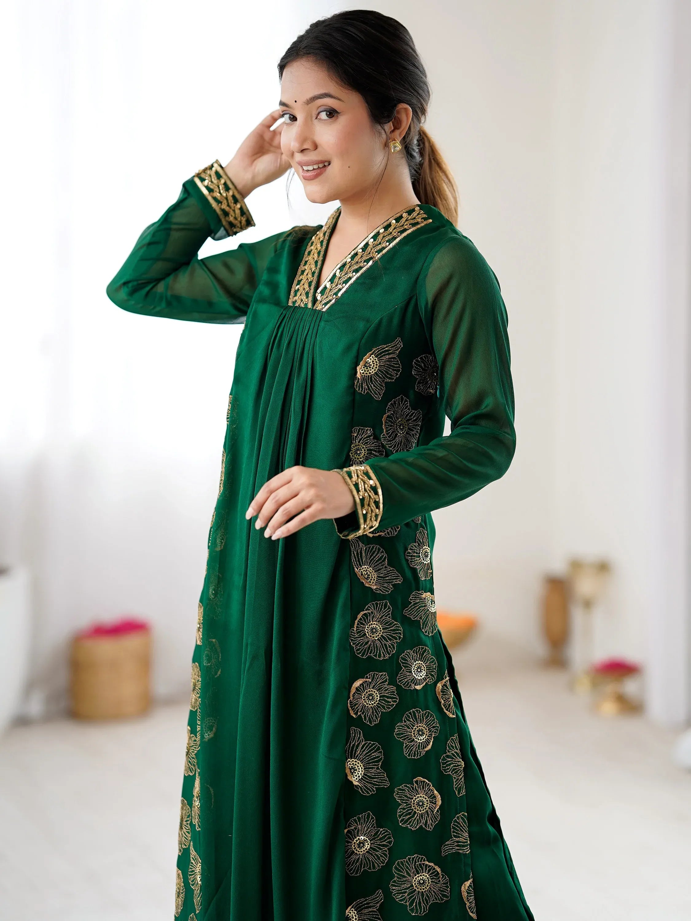Beautiful Green Hand Work Georgette Mehendi Wear Salwar Suit