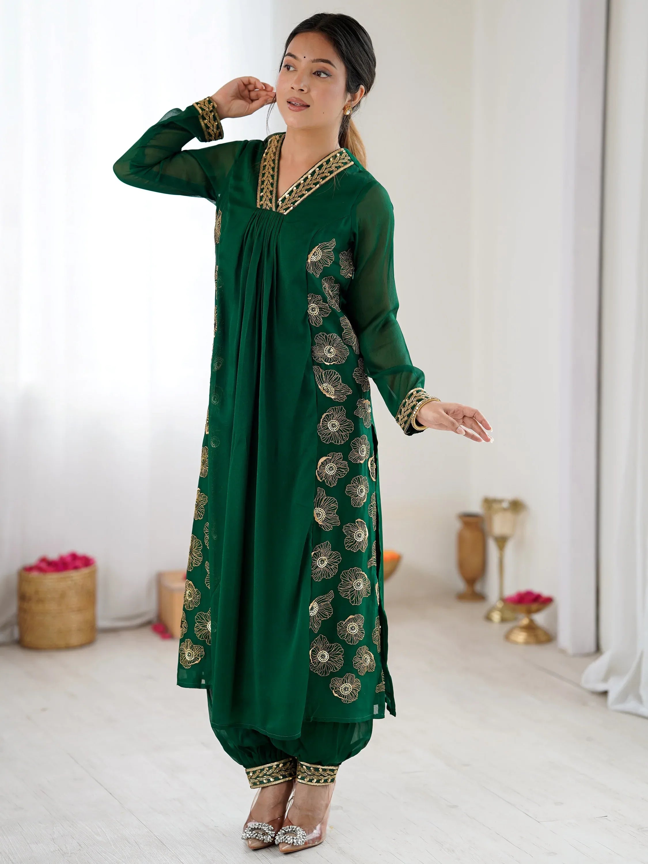 Beautiful Green Hand Work Georgette Mehendi Wear Salwar Suit