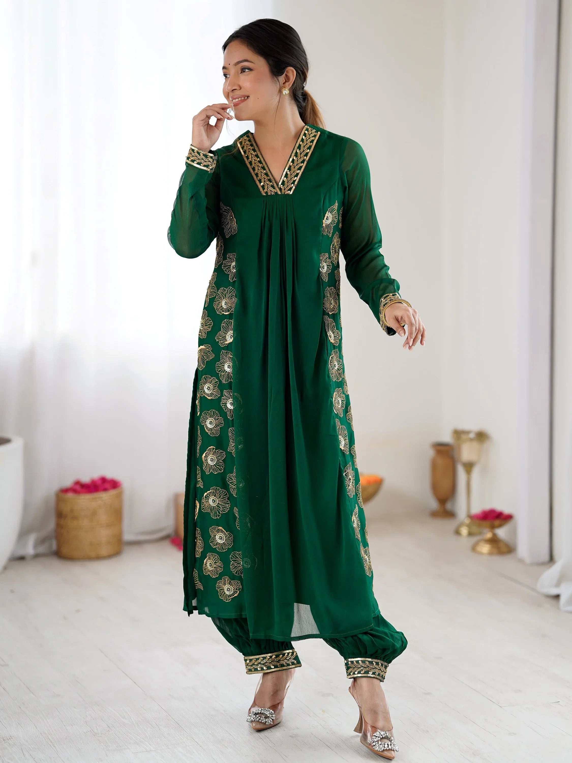Beautiful Green Hand Work Georgette Mehendi Wear Salwar Suit