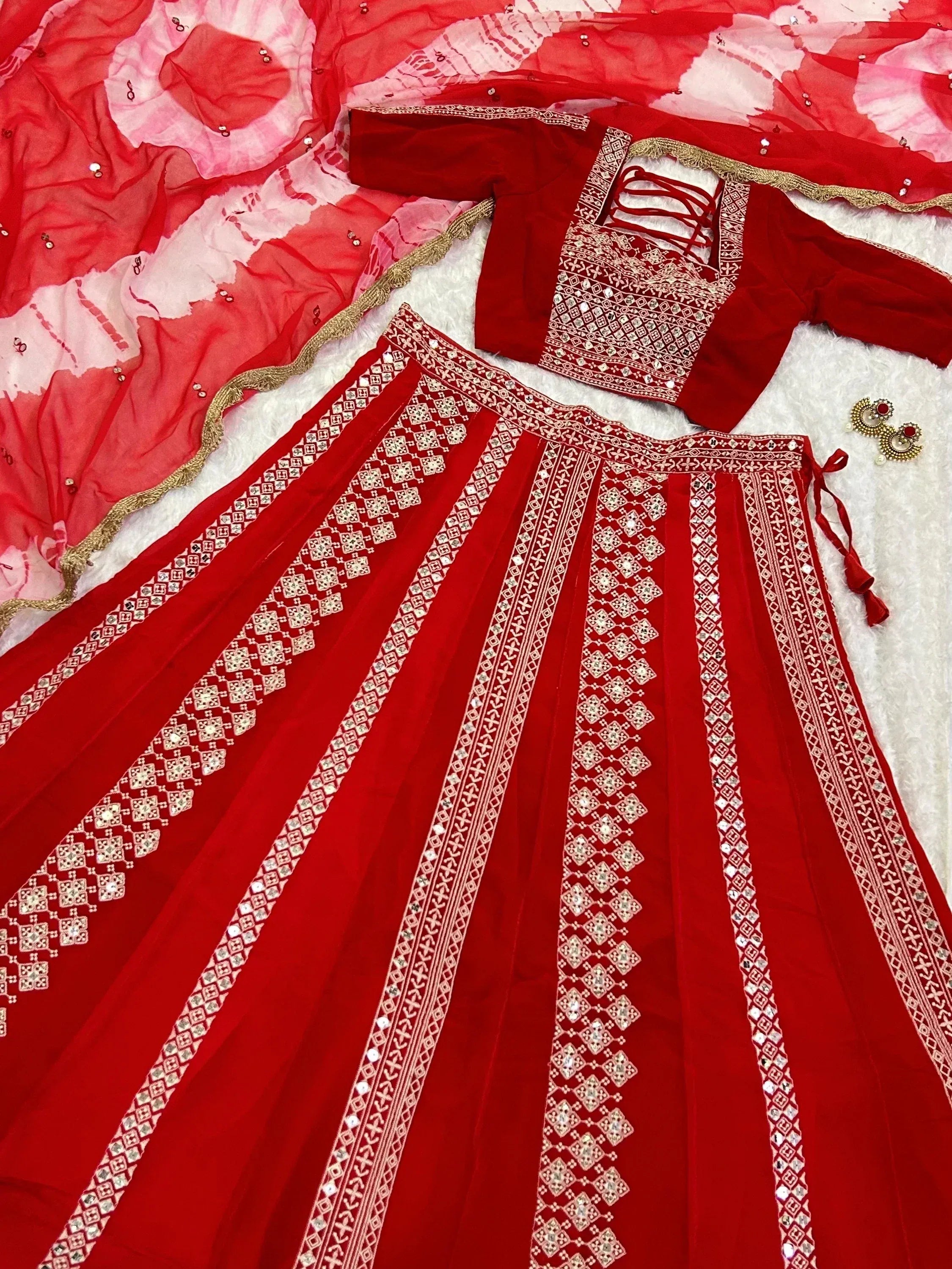 Pretty Red Thread Work Georgette Navratri Wear Lehenga Choli With Dupatta