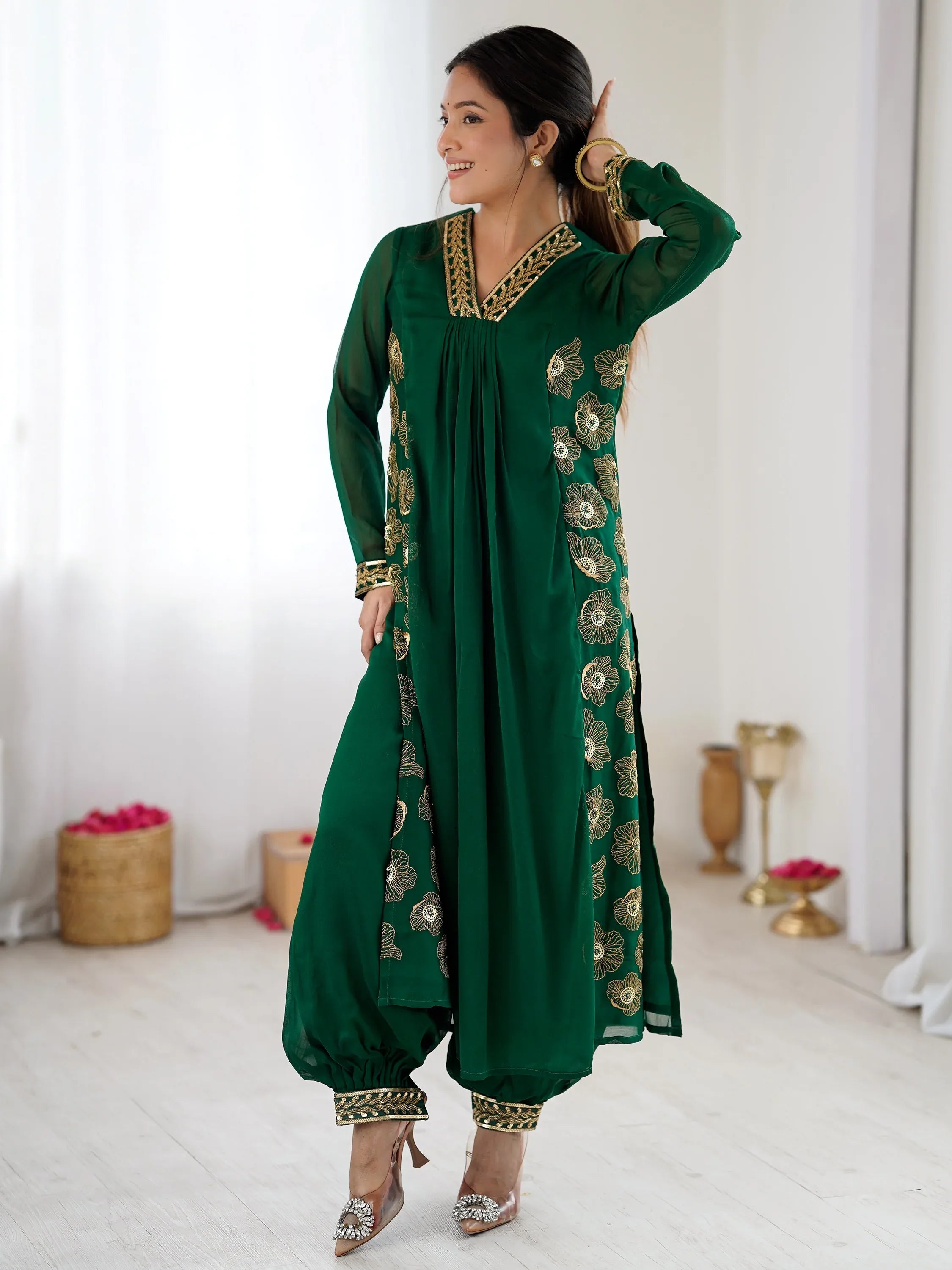 Beautiful Green Hand Work Georgette Mehendi Wear Salwar Suit