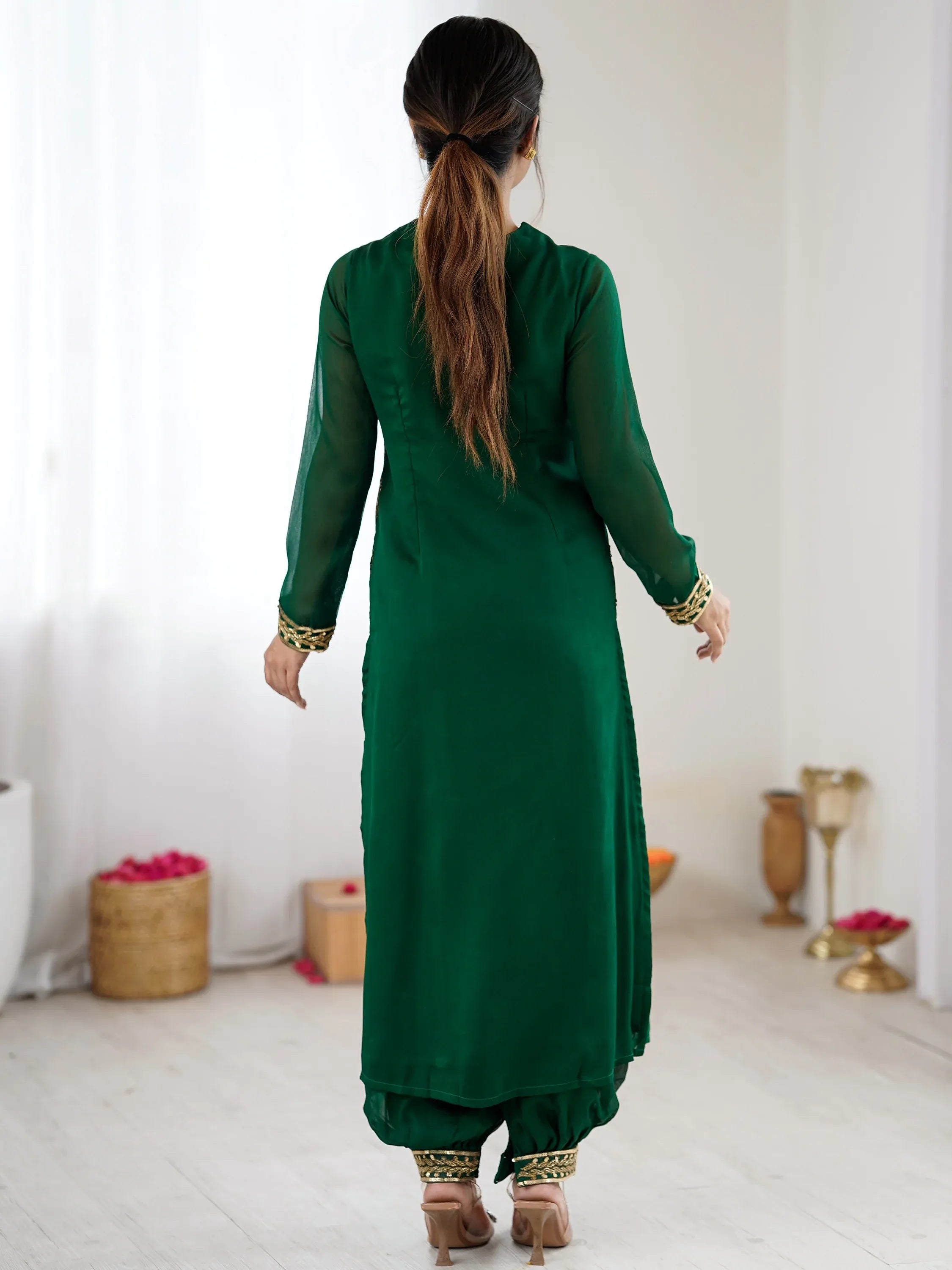 Beautiful Green Hand Work Georgette Mehendi Wear Salwar Suit