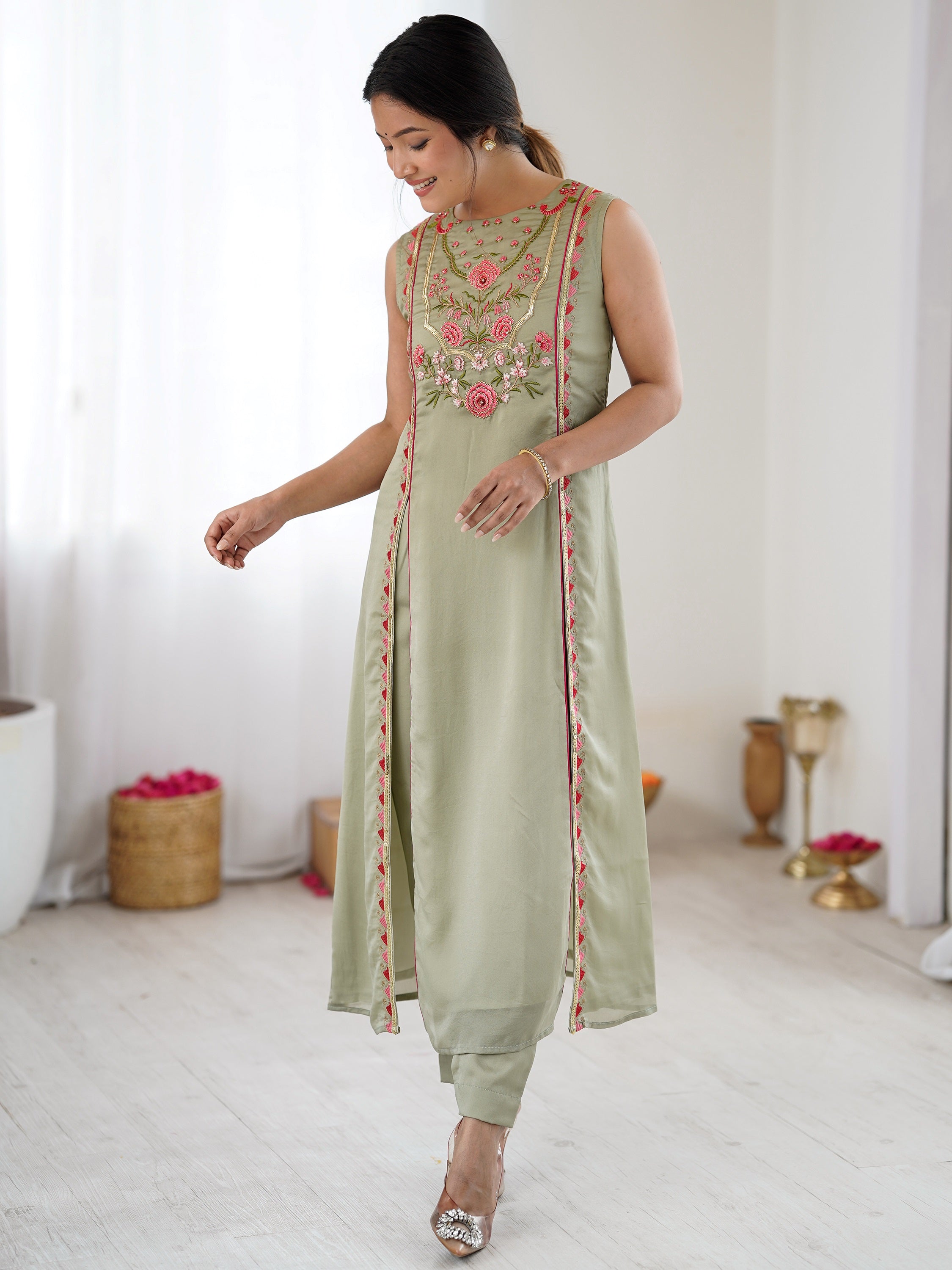 Great Pista Green Embroidered Georgette Traditional Salwar Suit