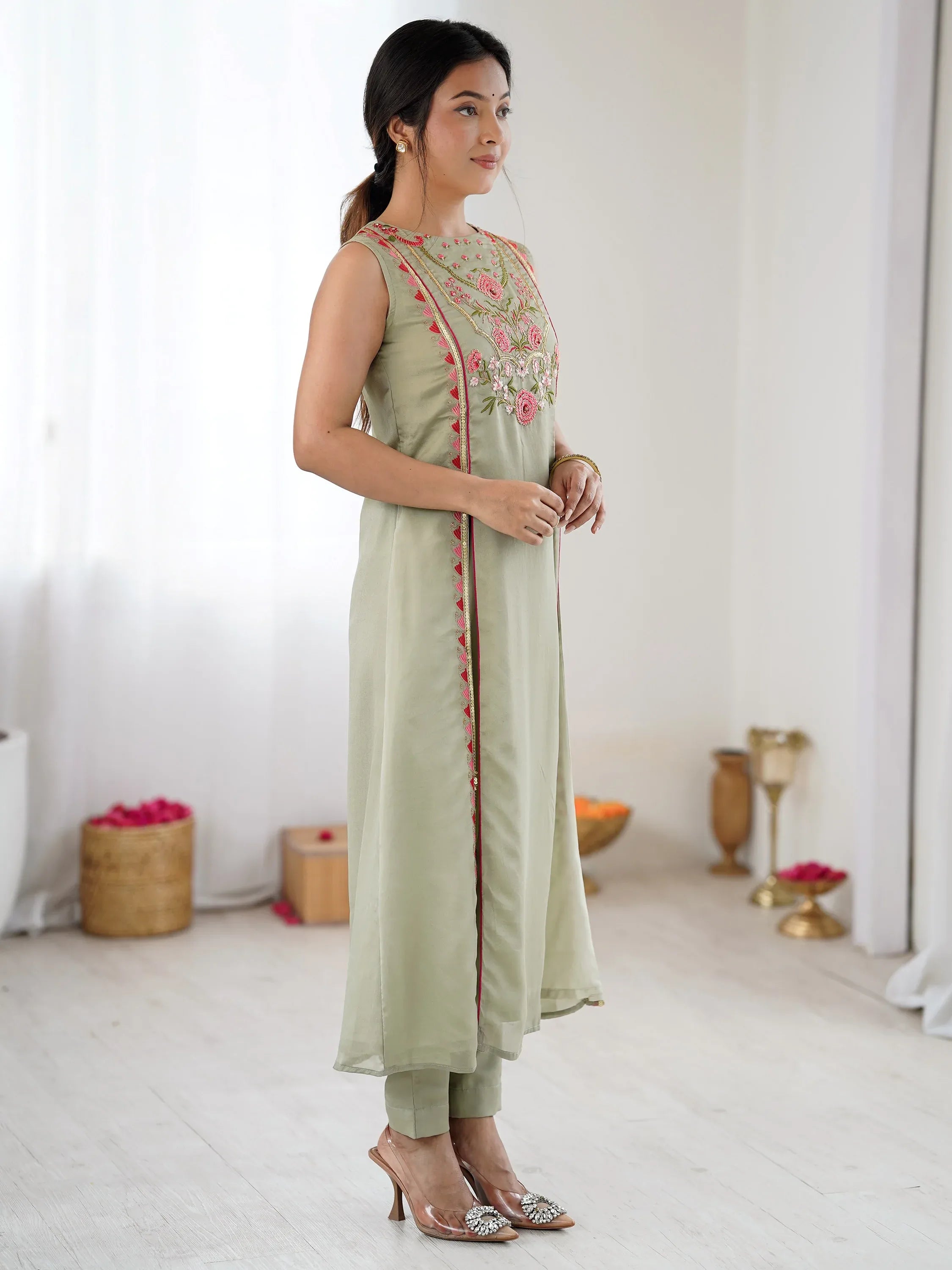 Great Pista Green Embroidered Georgette Traditional Salwar Suit