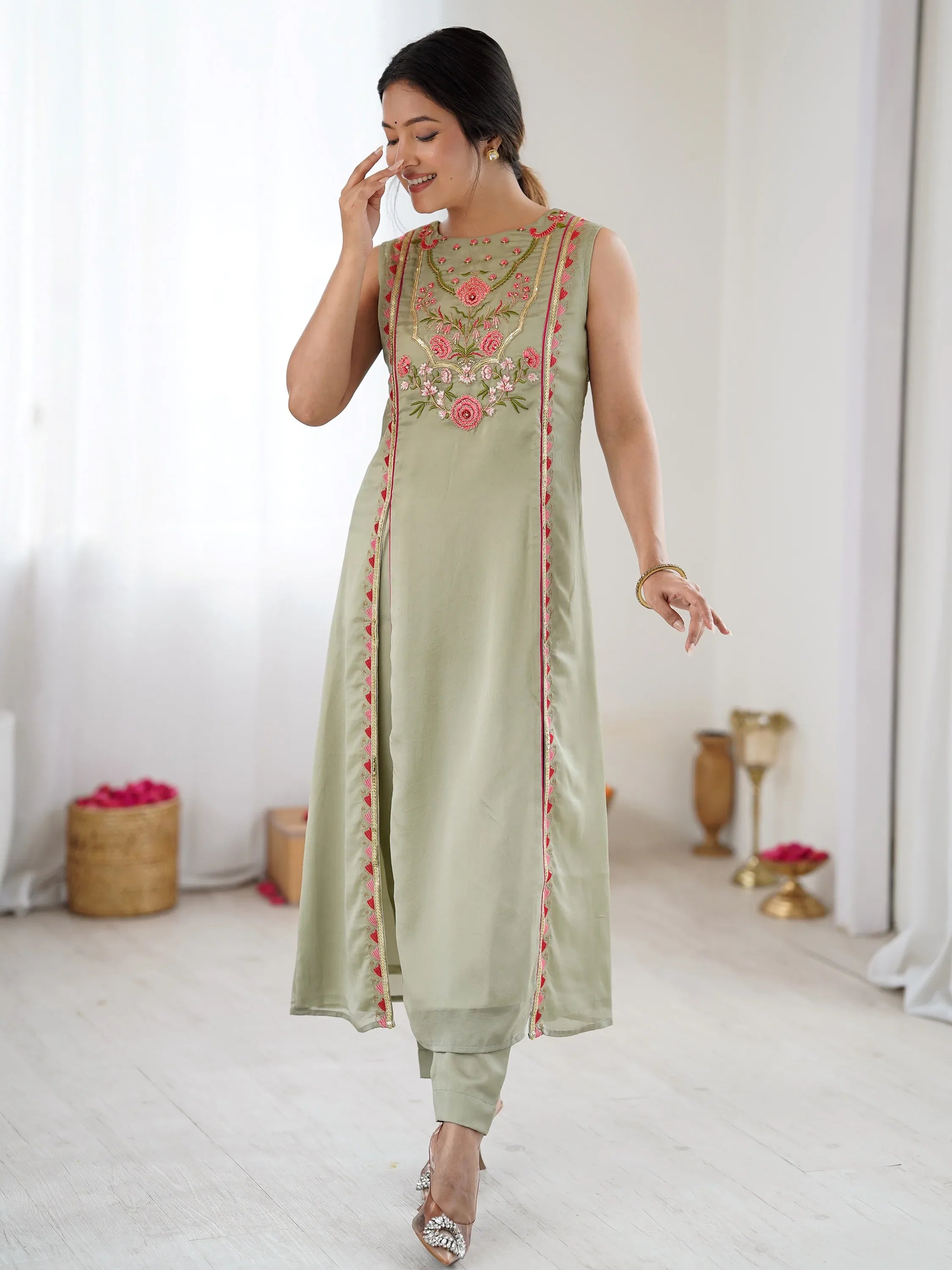 Great Pista Green Embroidered Georgette Traditional Salwar Suit
