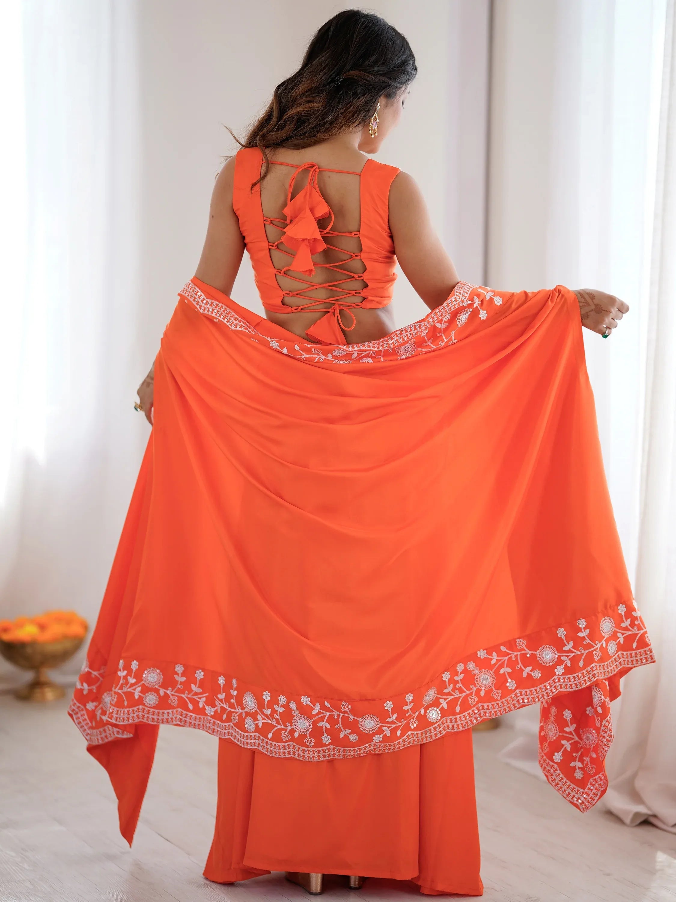 Beautiful Orange Crepe Designer Lehenga Choli With Sequins Shrug