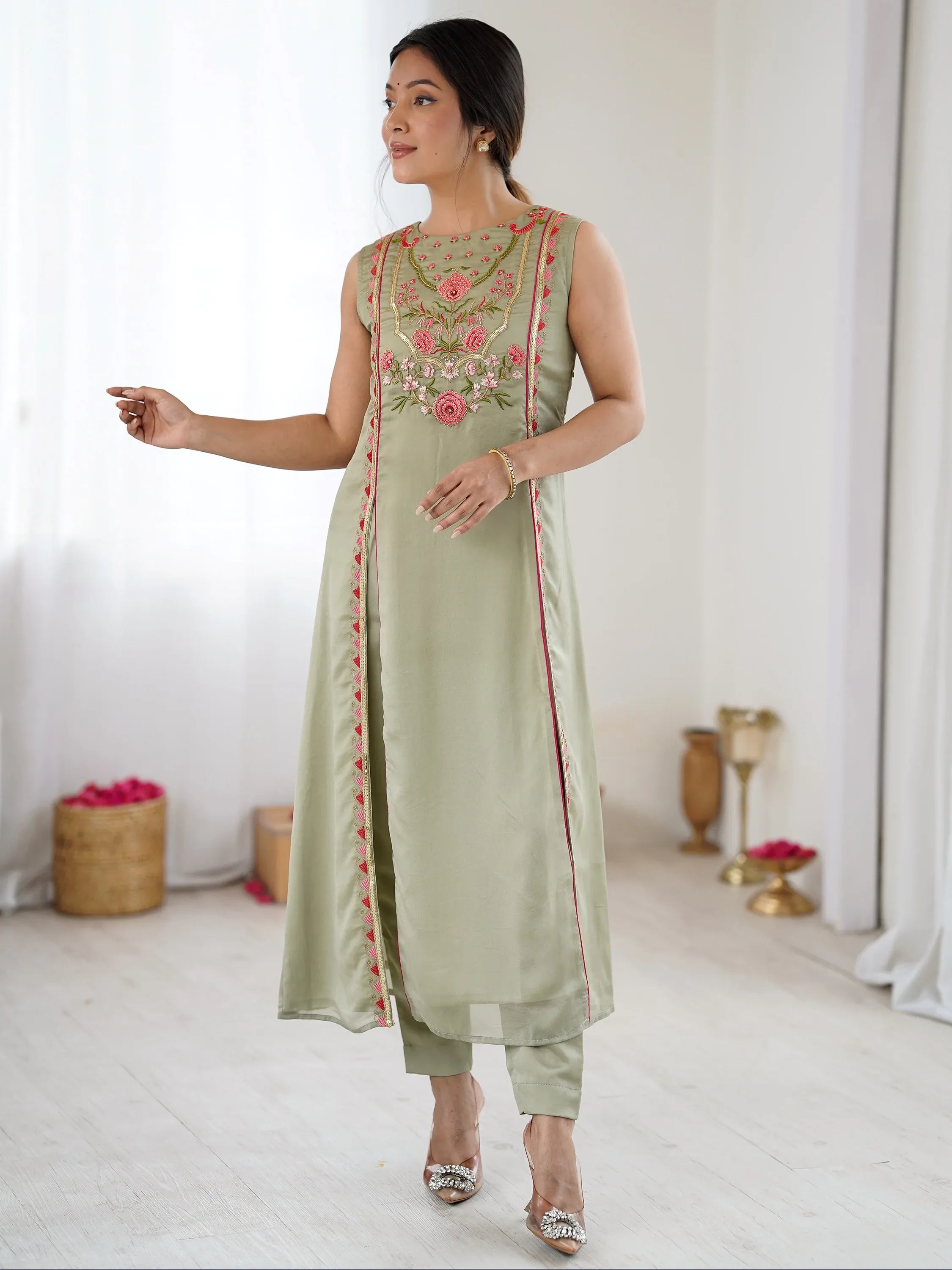 Great Pista Green Embroidered Georgette Traditional Salwar Suit