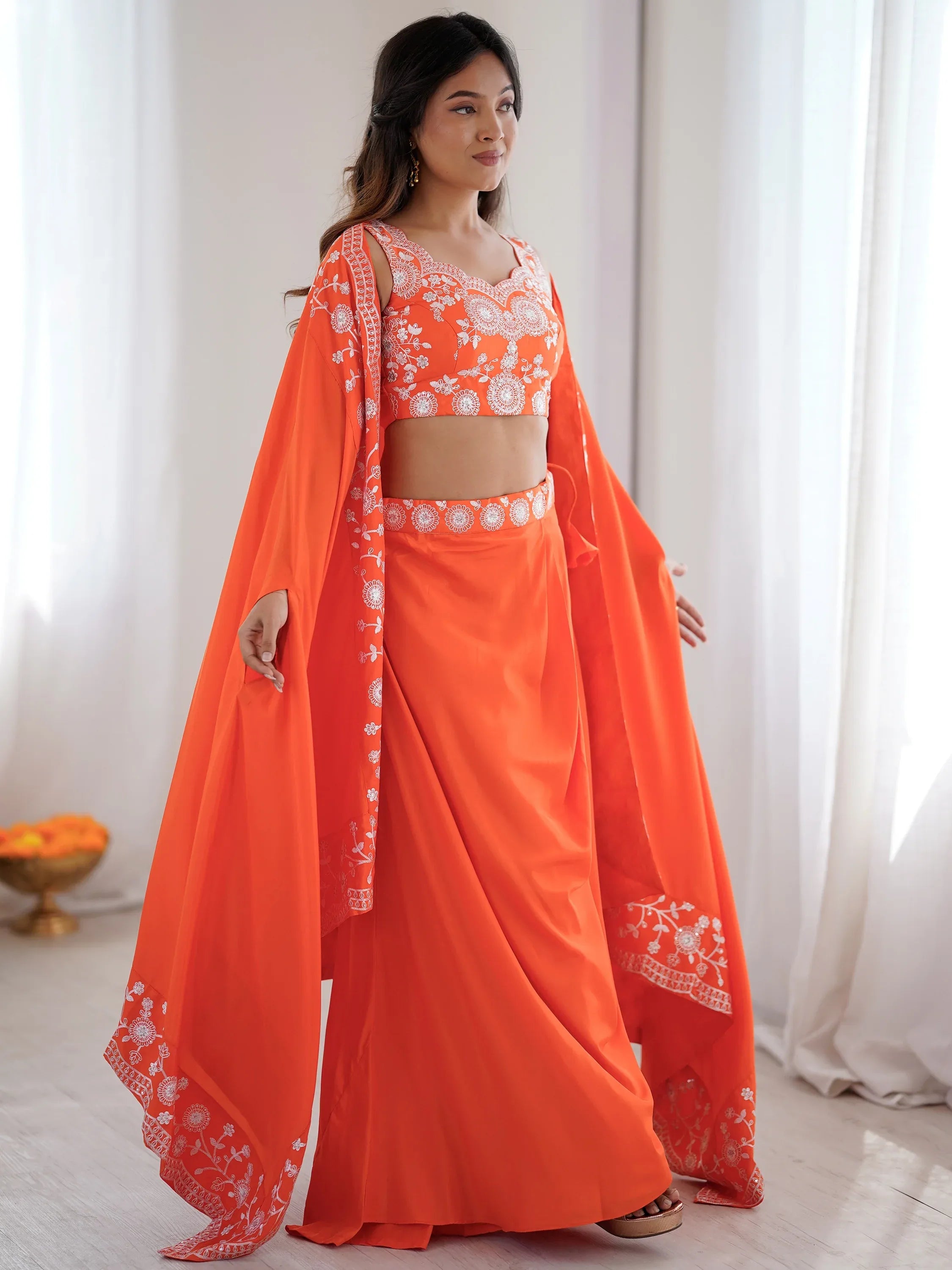 Beautiful Orange Crepe Designer Lehenga Choli With Sequins Shrug