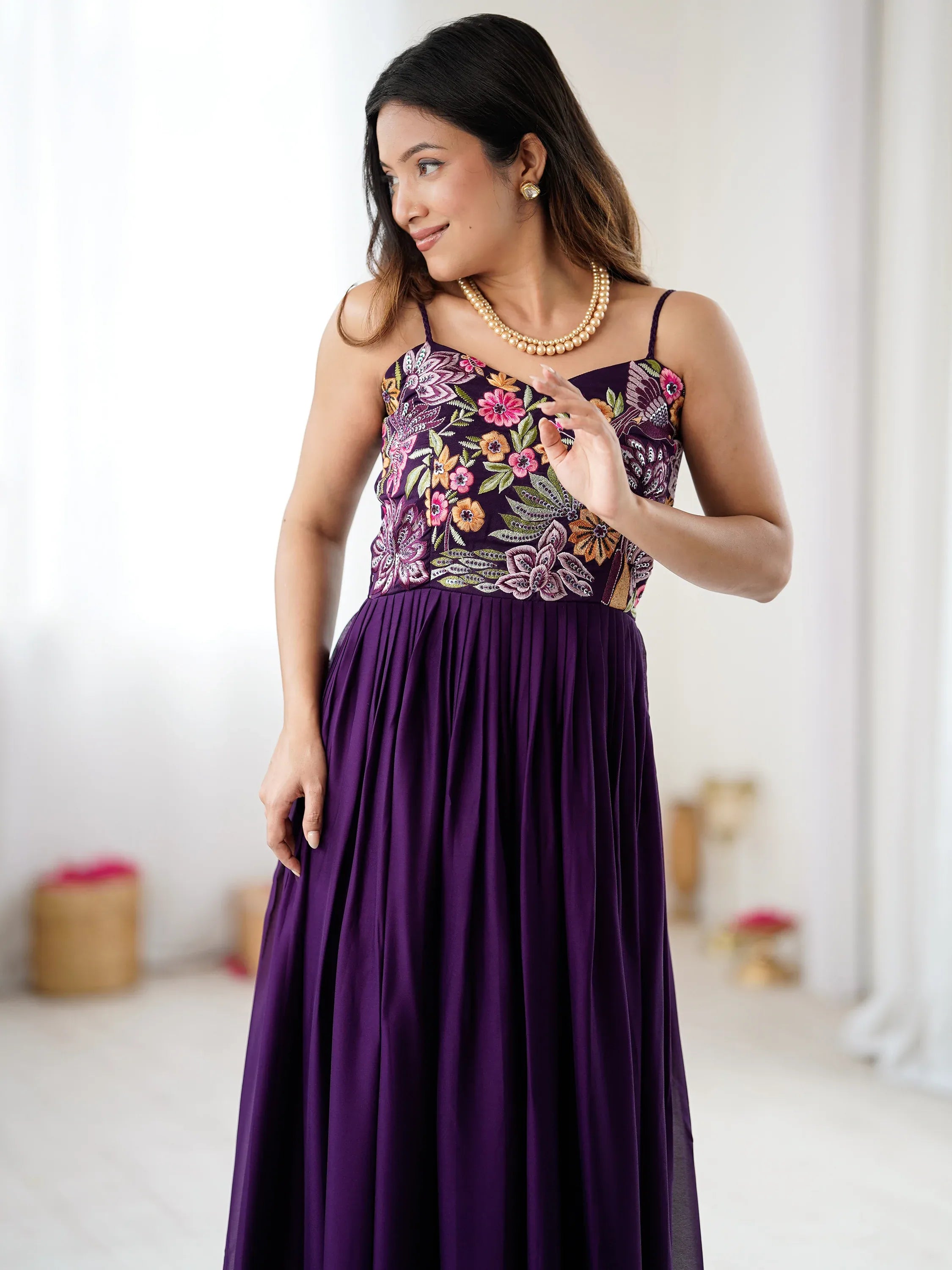 Terrific Purple Floral Embroidered Georgette Festive Wear Gown