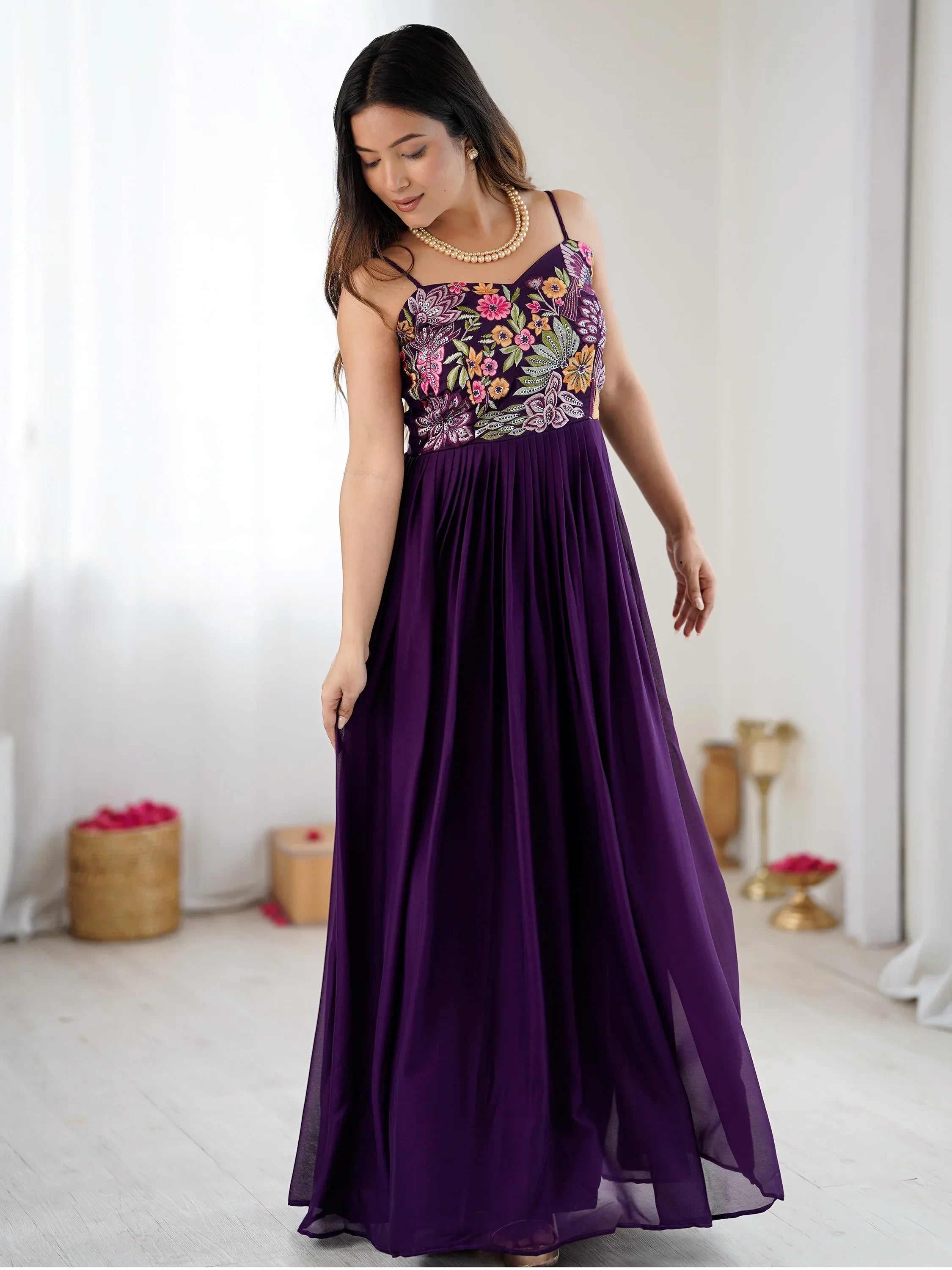 Terrific Purple Floral Embroidered Georgette Festive Wear Gown