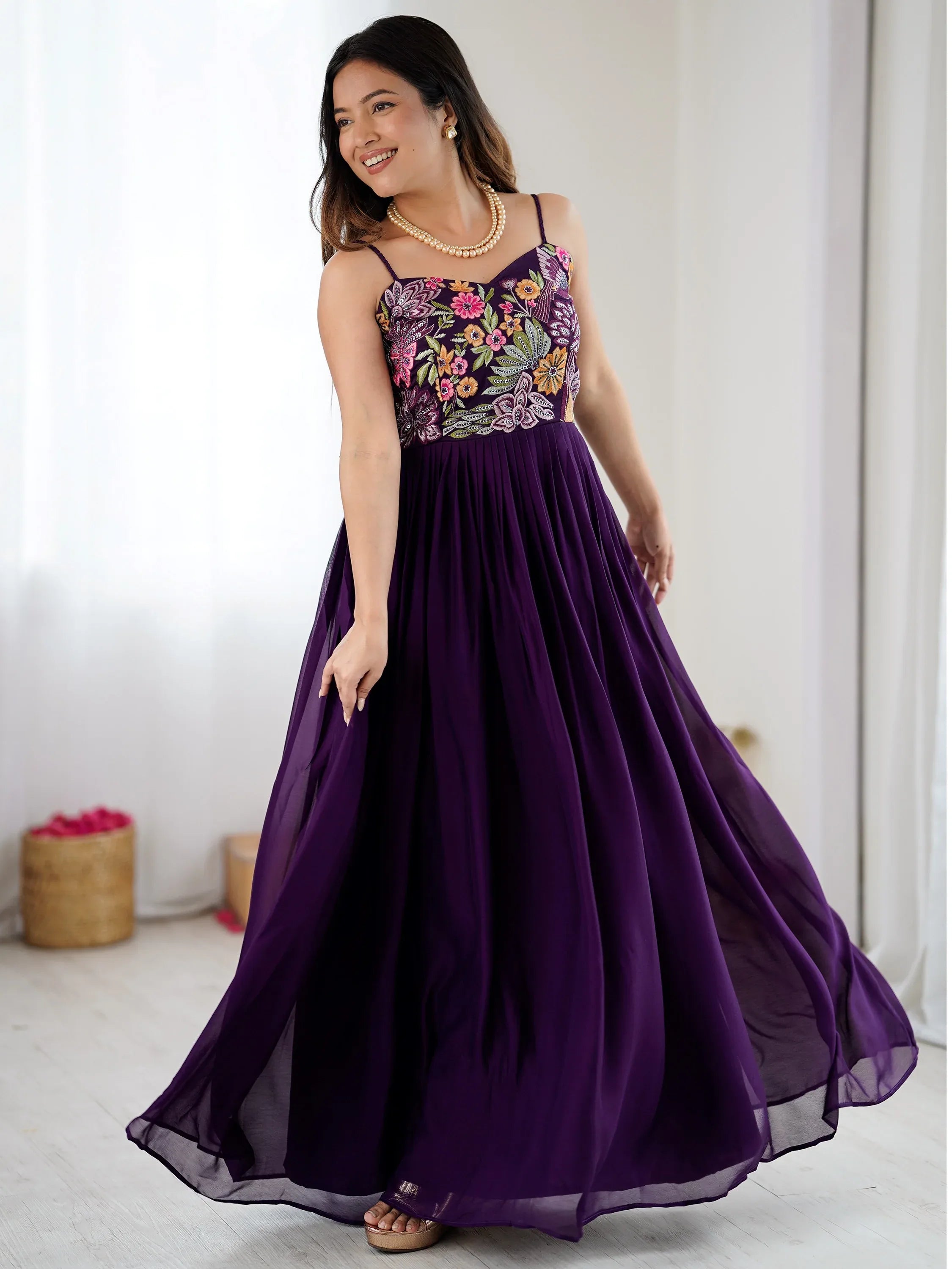 Terrific Purple Floral Embroidered Georgette Festive Wear Gown