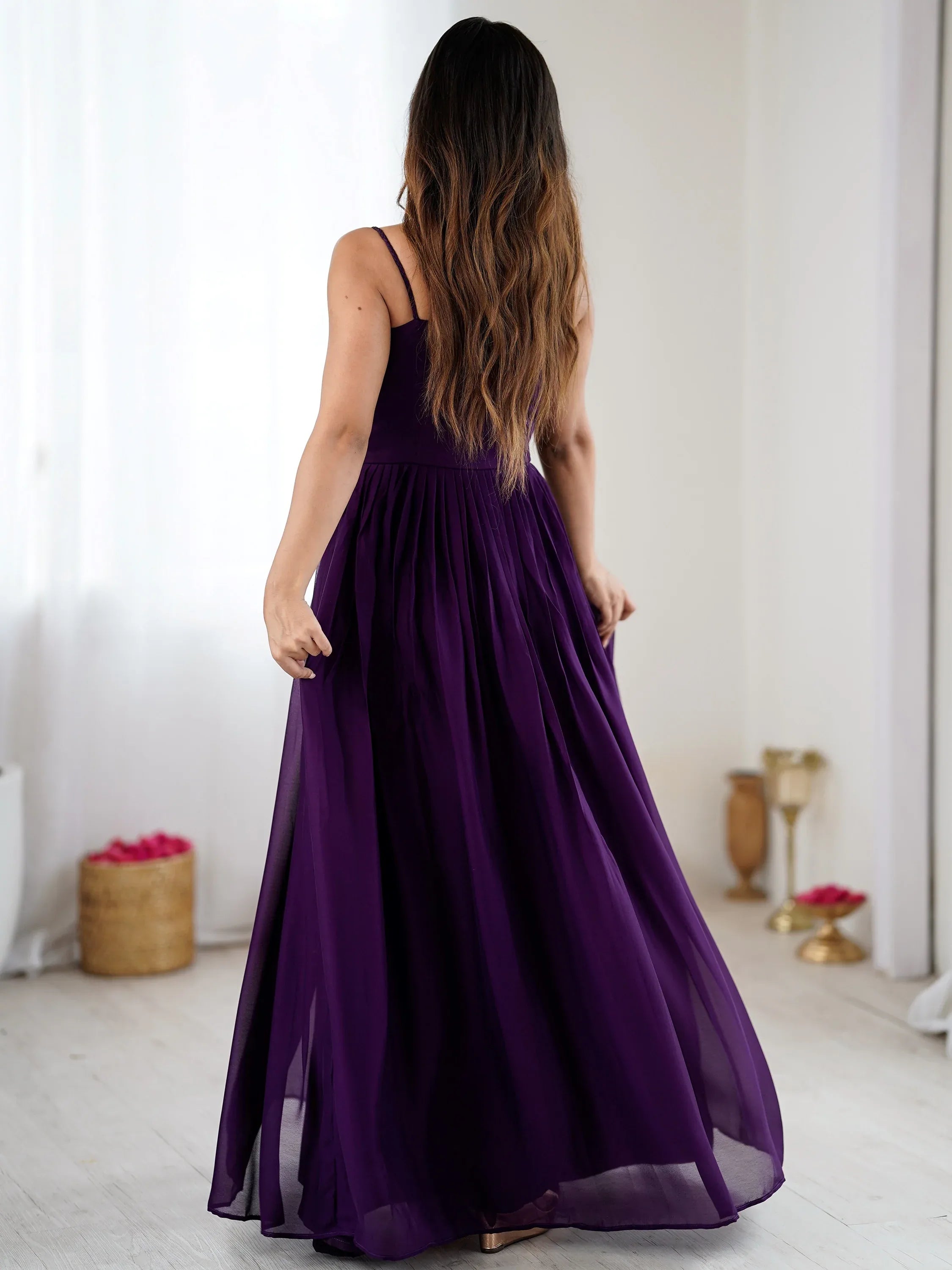 Terrific Purple Floral Embroidered Georgette Festive Wear Gown