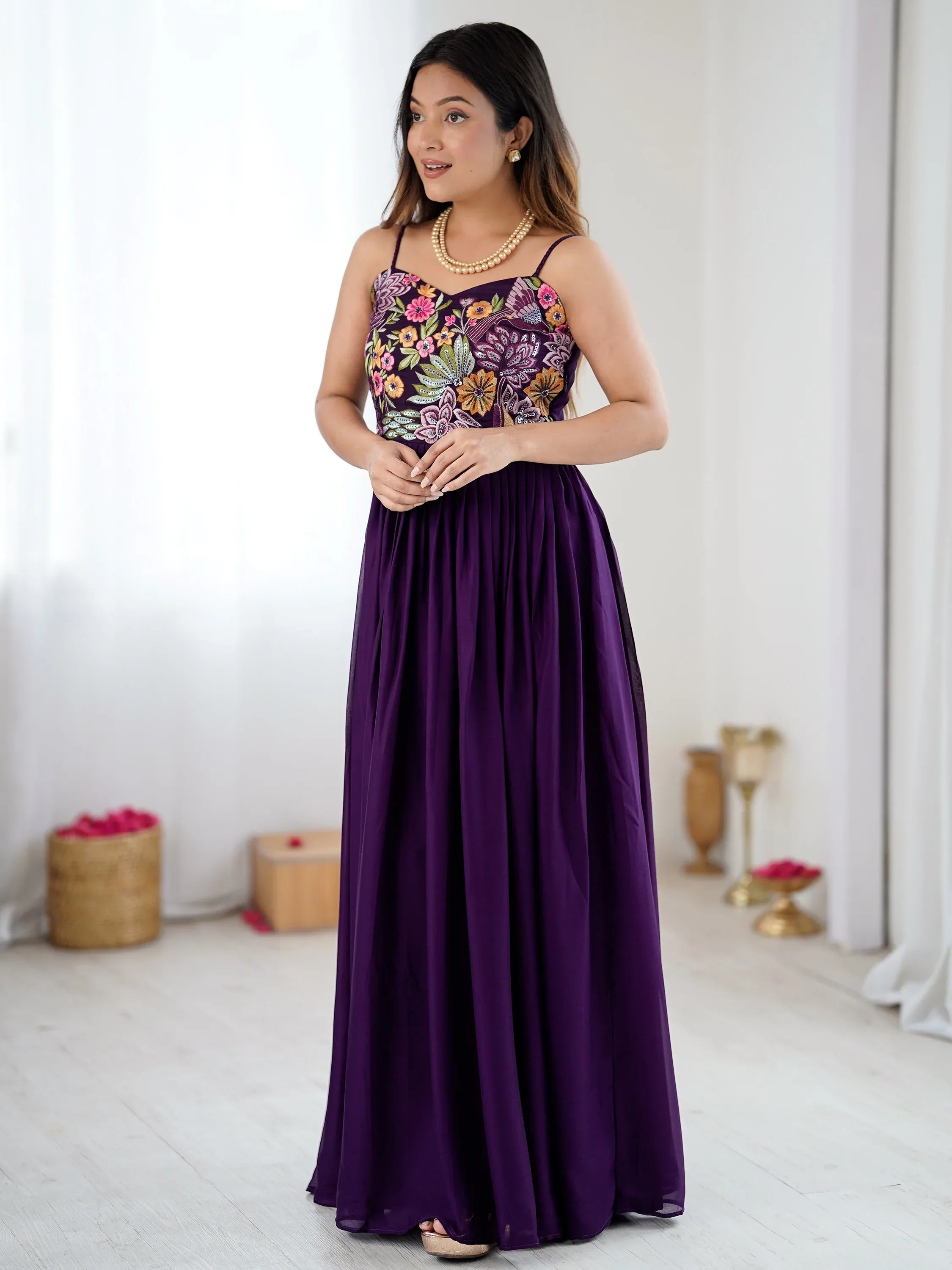Terrific Purple Floral Embroidered Georgette Festive Wear Gown