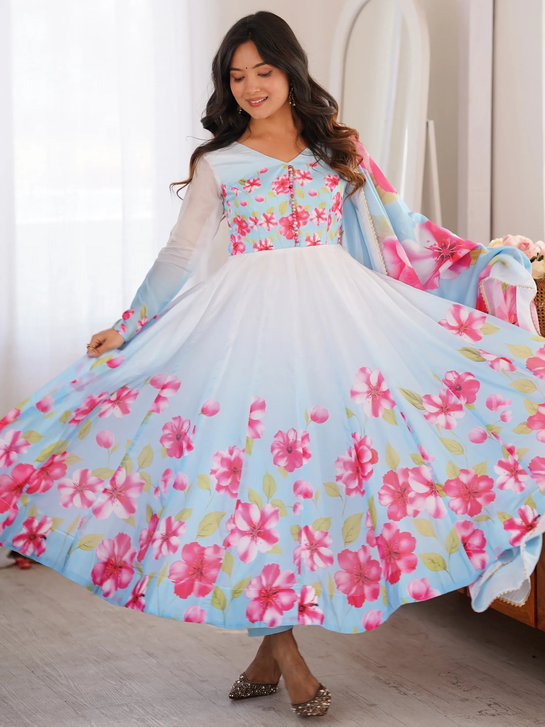 Incredible Sky Blue Floral Printed Silk Festive Wear Anarkali Suit With Dupatta