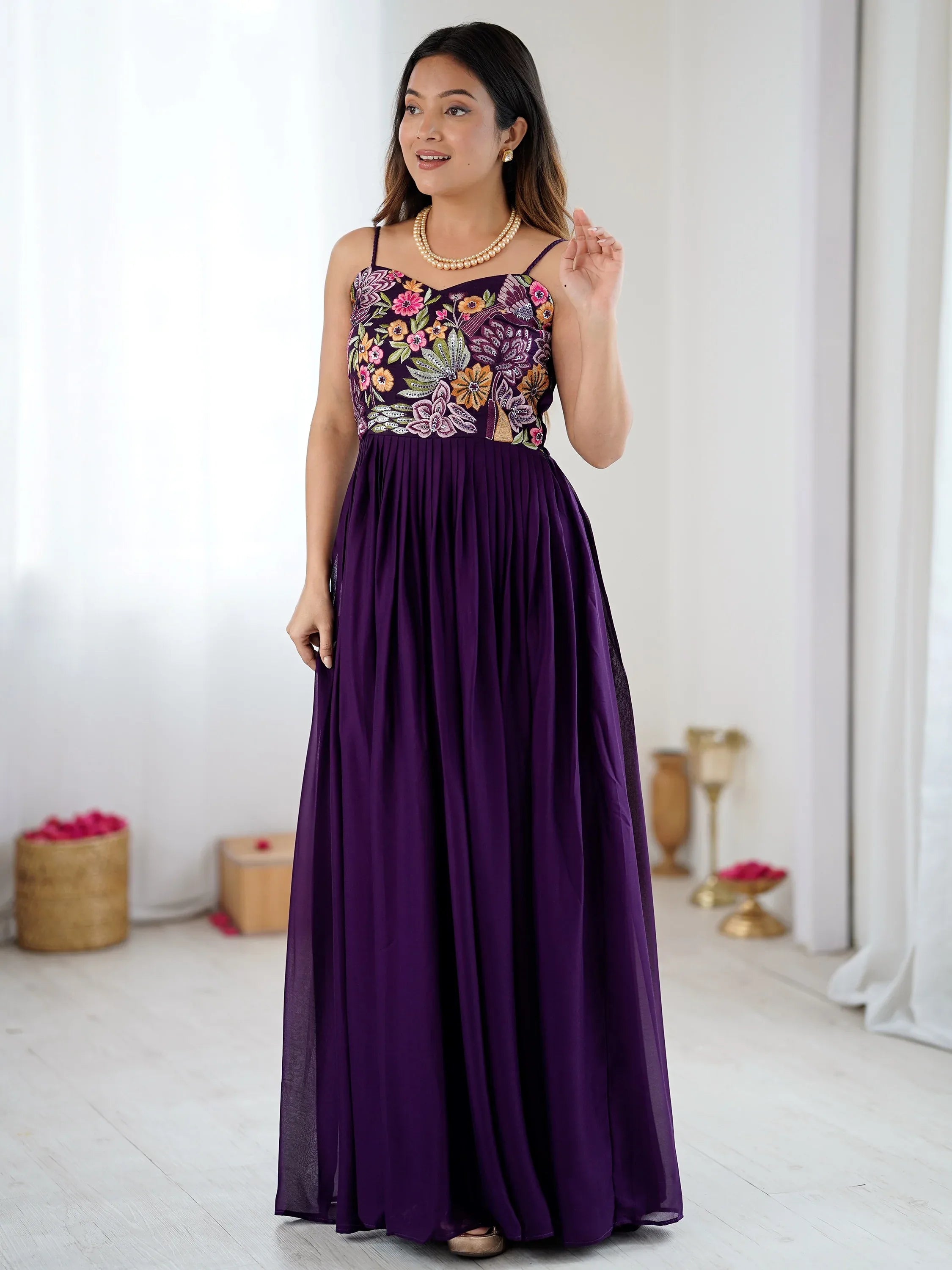 Terrific Purple Floral Embroidered Georgette Festive Wear Gown