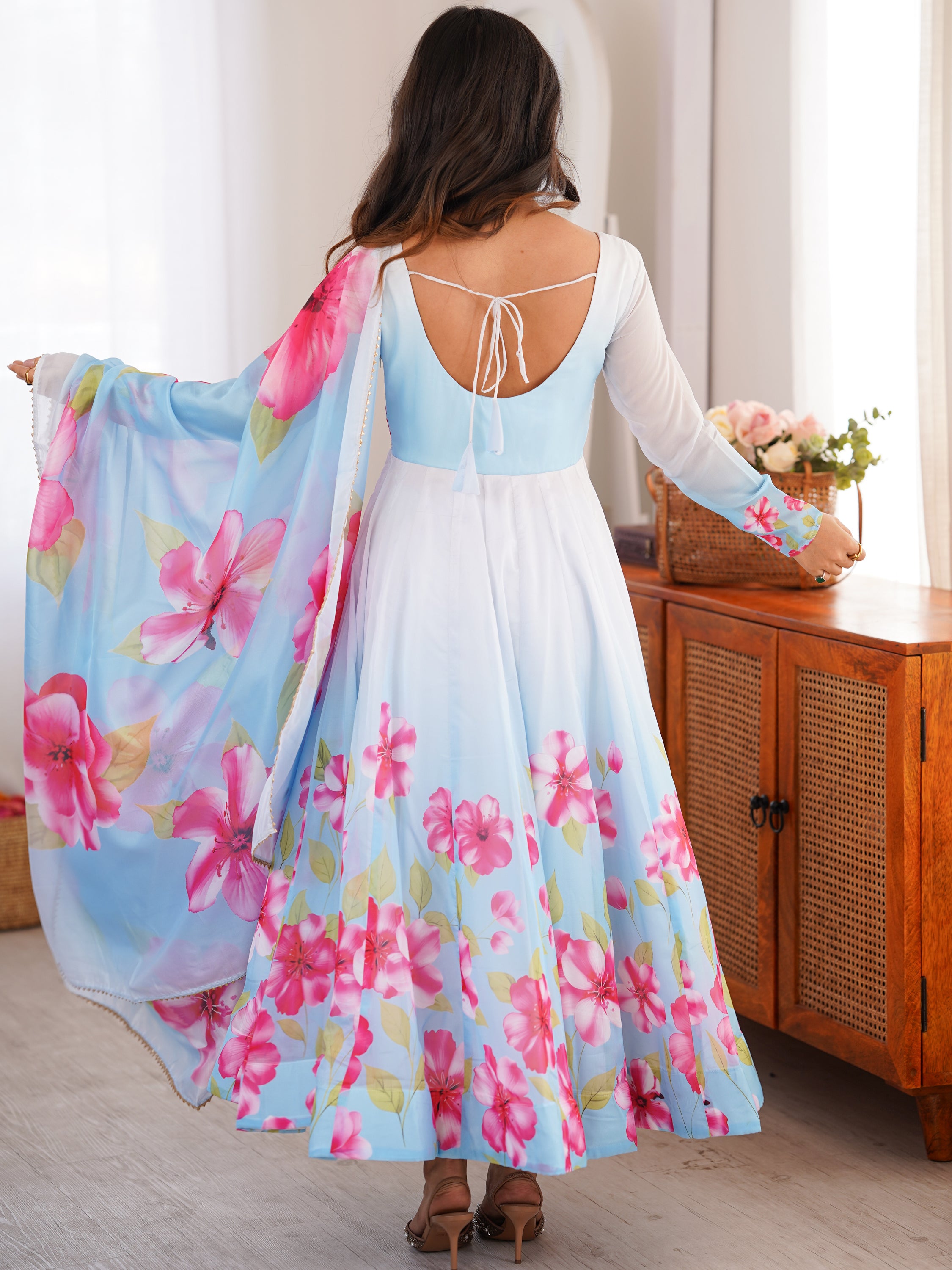 Incredible Sky Blue Floral Printed Silk Festive Wear Anarkali Suit With Dupatta