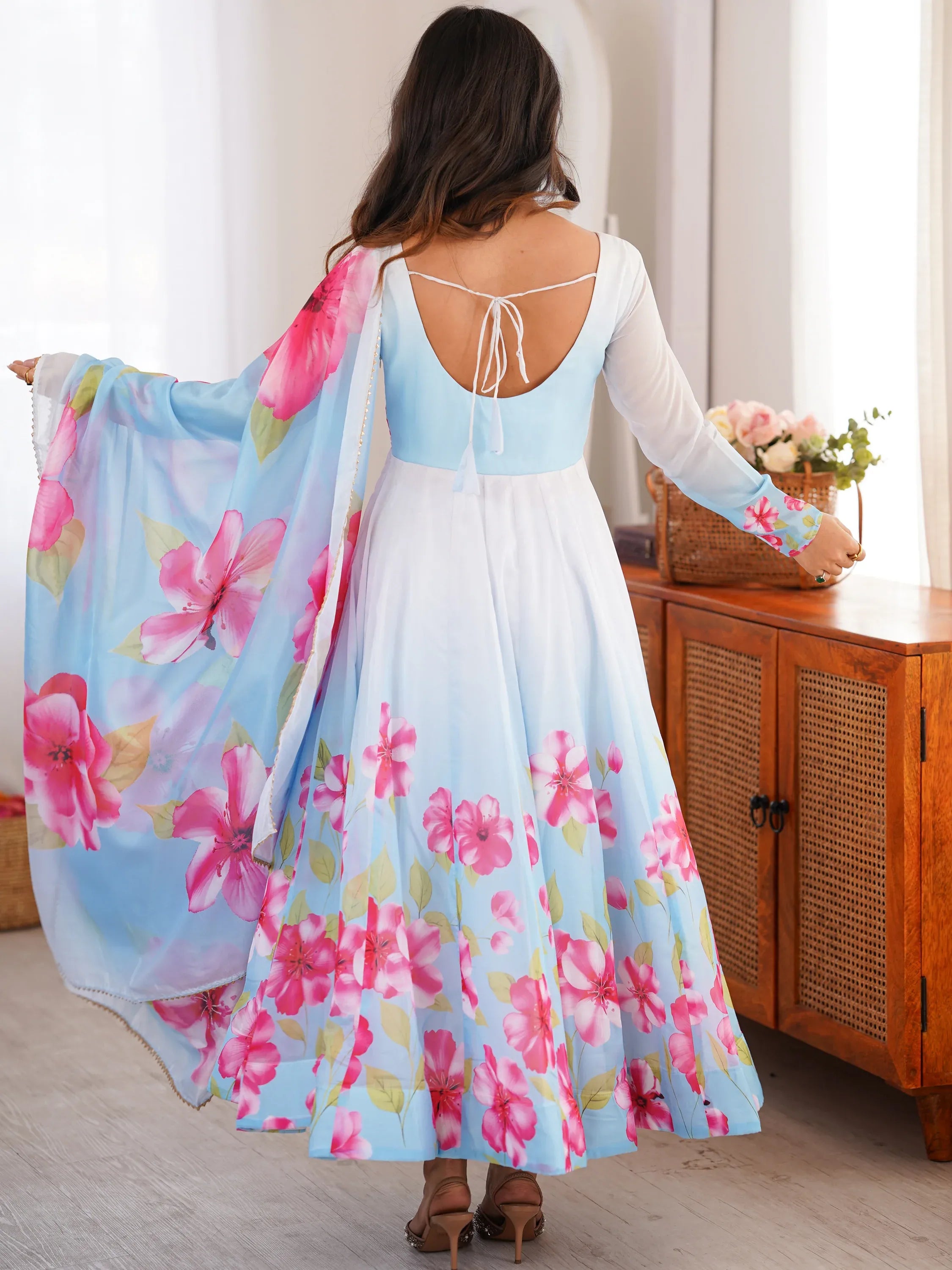 Incredible Sky Blue Floral Printed Silk Festive Wear Anarkali Suit With Dupatta