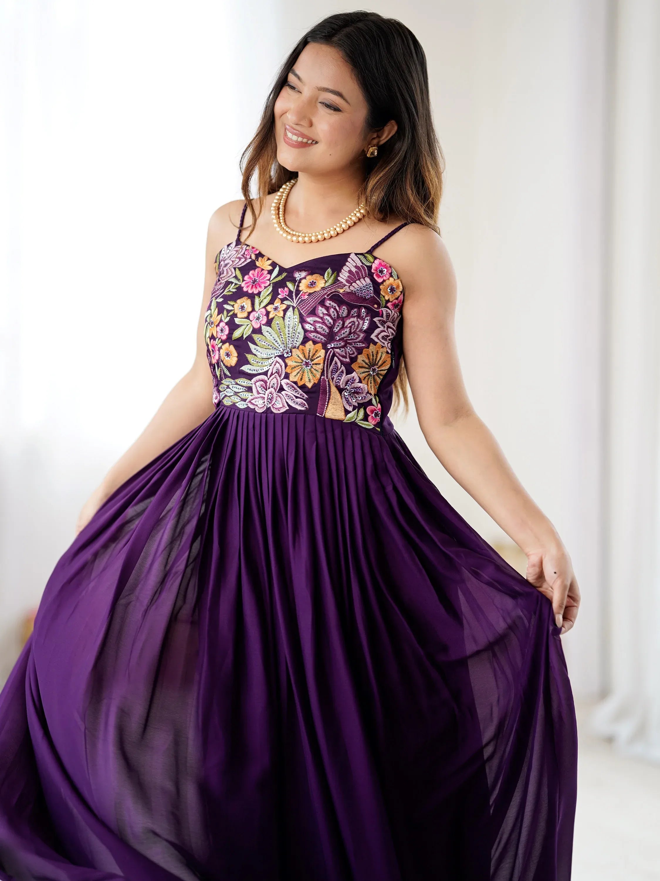 Terrific Purple Floral Embroidered Georgette Festive Wear Gown