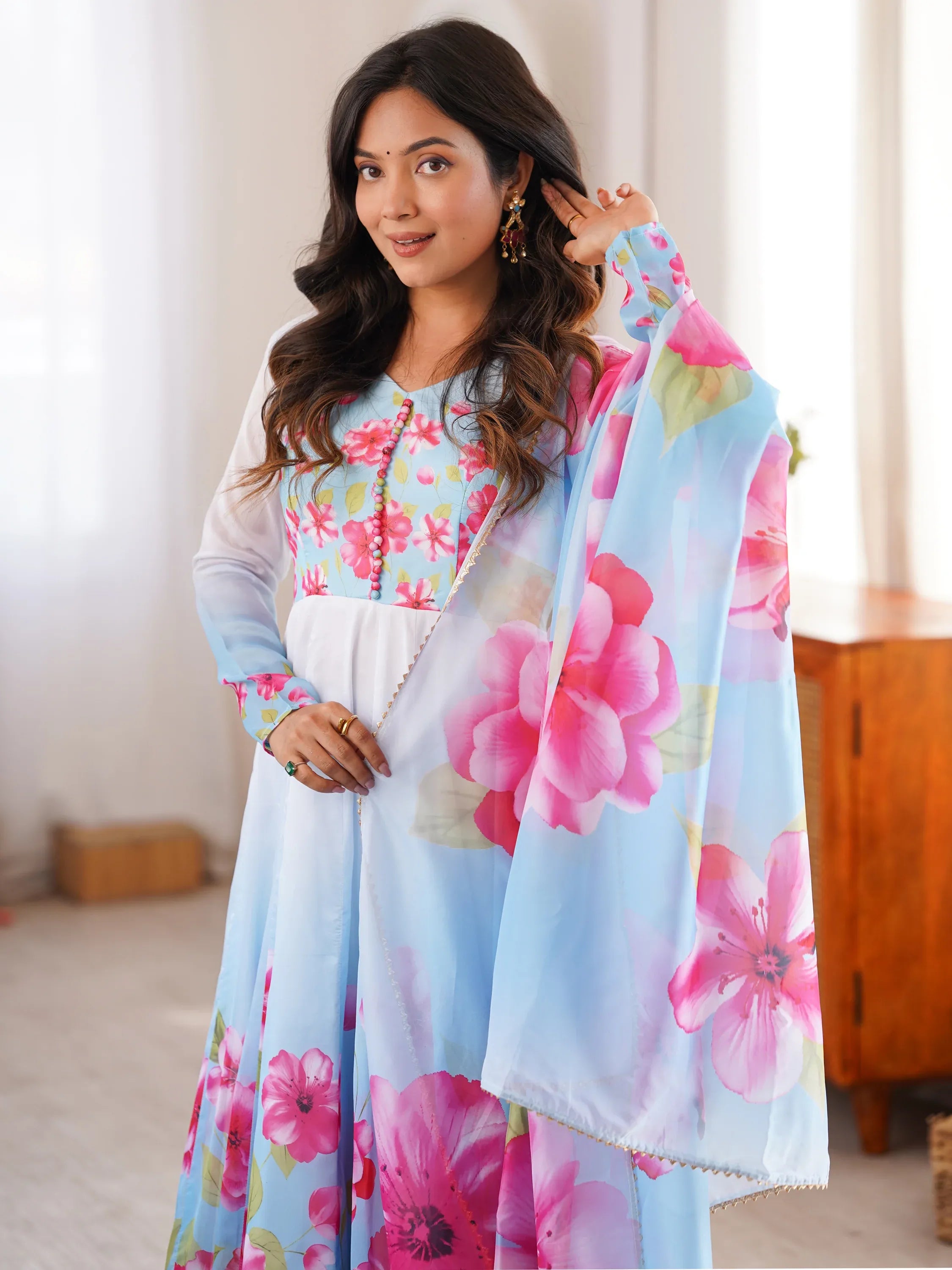Incredible Sky Blue Floral Printed Silk Festive Wear Anarkali Suit With Dupatta