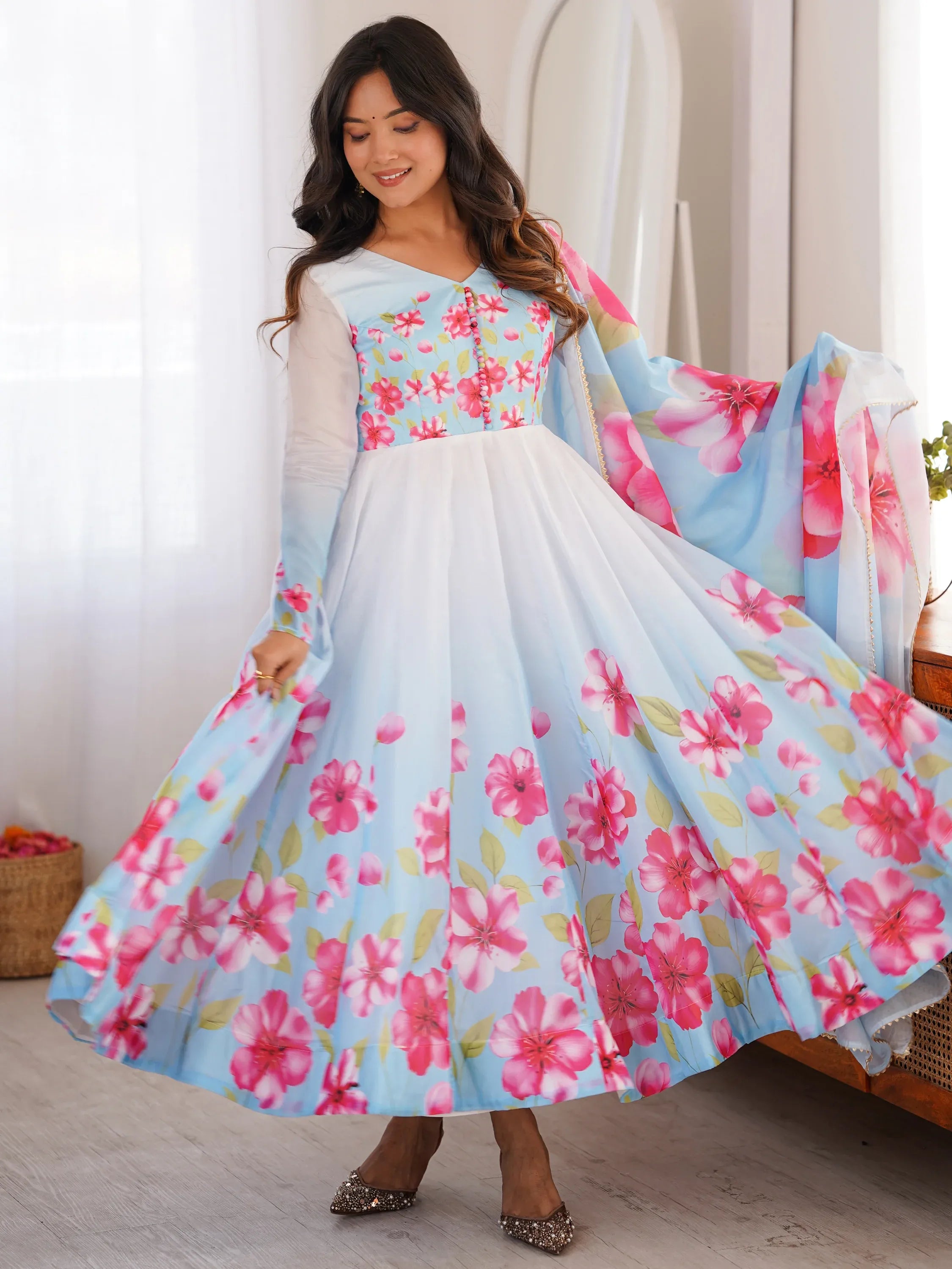 Incredible Sky Blue Floral Printed Silk Festive Wear Anarkali Suit With Dupatta