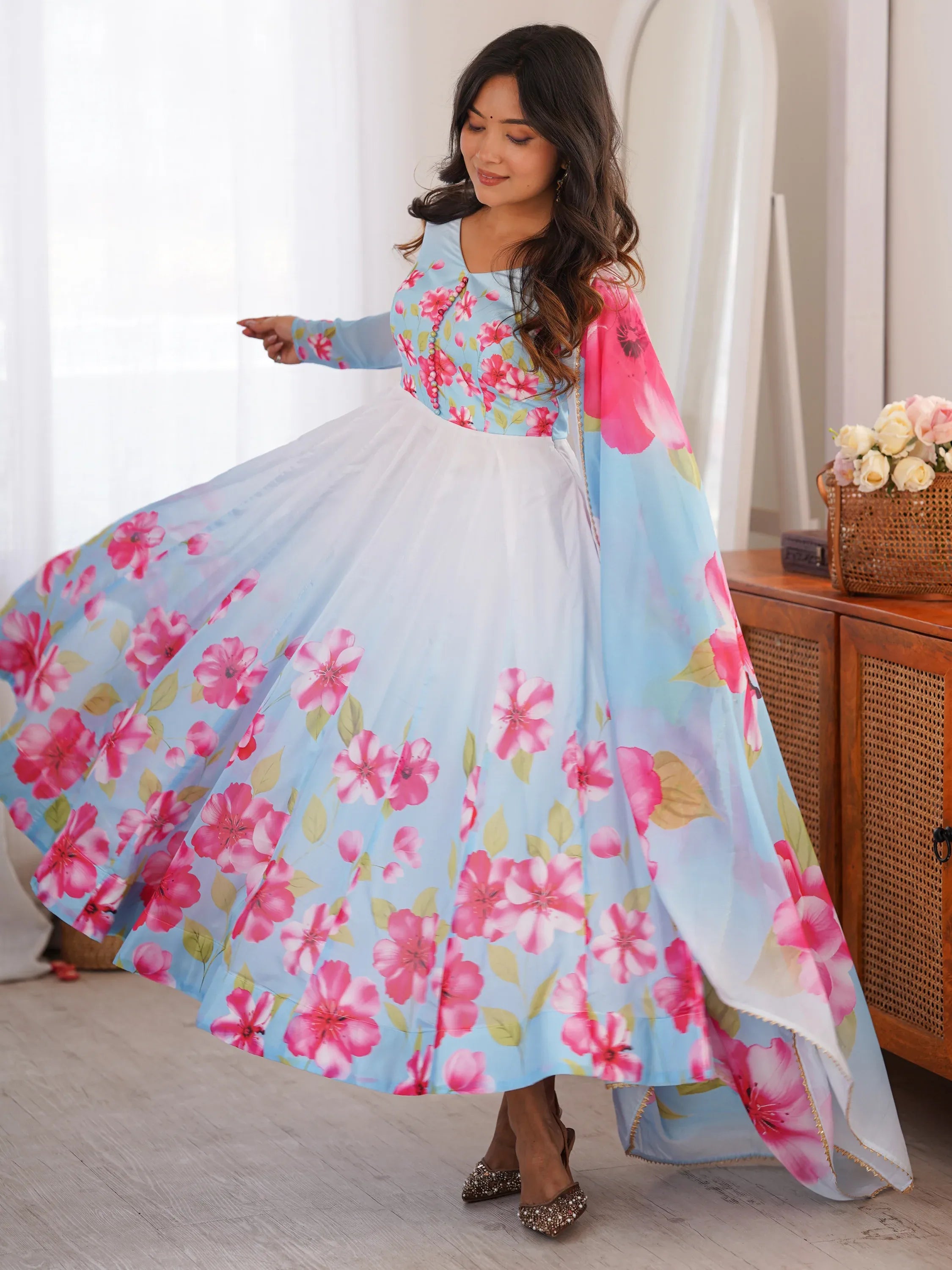 Incredible Sky Blue Floral Printed Silk Festive Wear Anarkali Suit With Dupatta