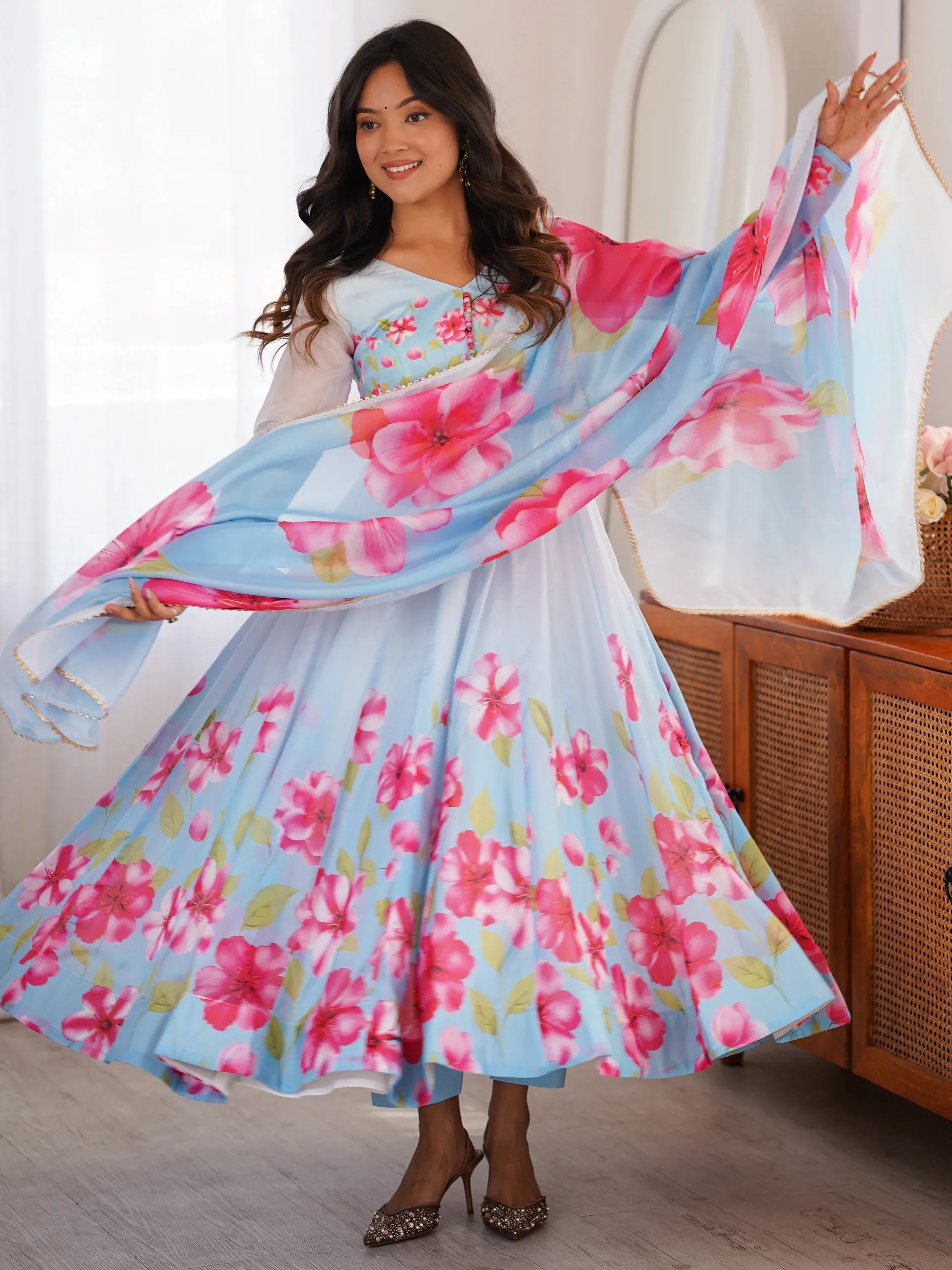 Incredible Sky Blue Floral Printed Silk Festive Wear Anarkali Suit With Dupatta