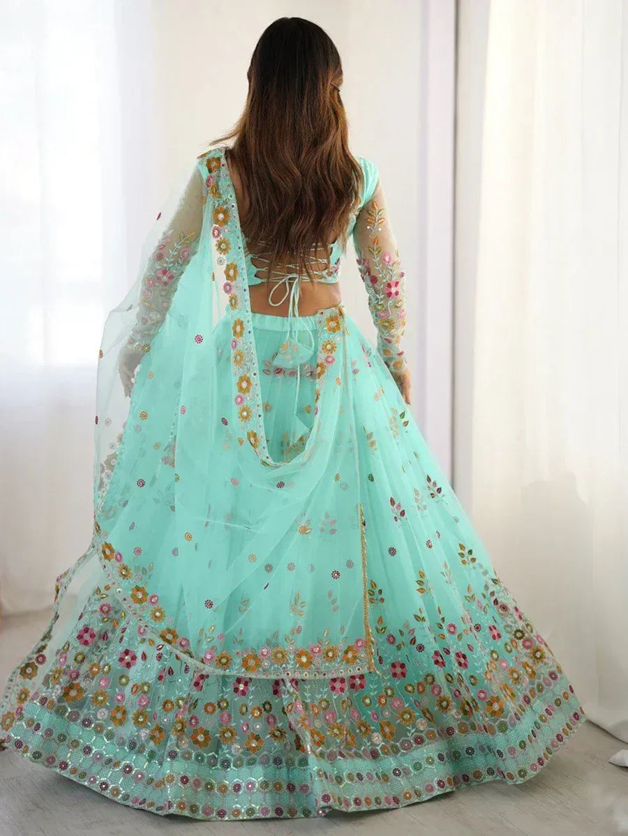 Mint green floral embroidered lehenga choli with sheer dupatta, back view
