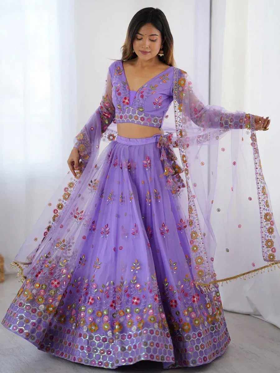 Purple floral embroidered lehenga choli with sheer dupatta, perfect for Indian ethnic occasions