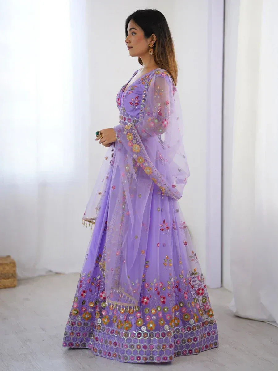 Lavender embroidered lehenga choli with floral motifs and sheer dupatta, Indian ethnic wear