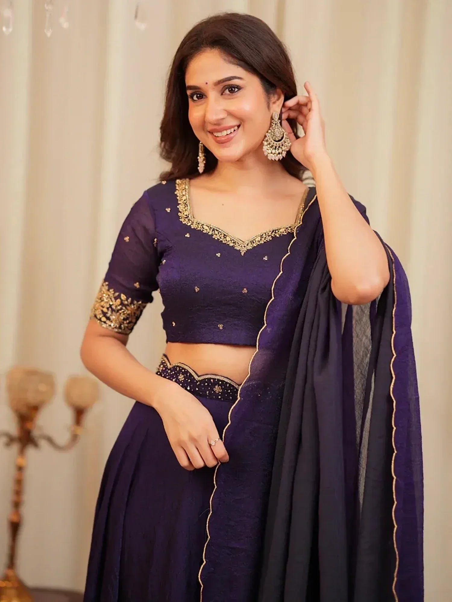 Captivating Purple Sequins Silk Wedding Wear Lehenga Choli