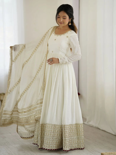 Adorable White Sequins Embroidered Silk Party Wear Anarkali Suit