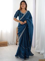 Beautiful Teal Blue Thread Embroidered Silk Party Wear Saree