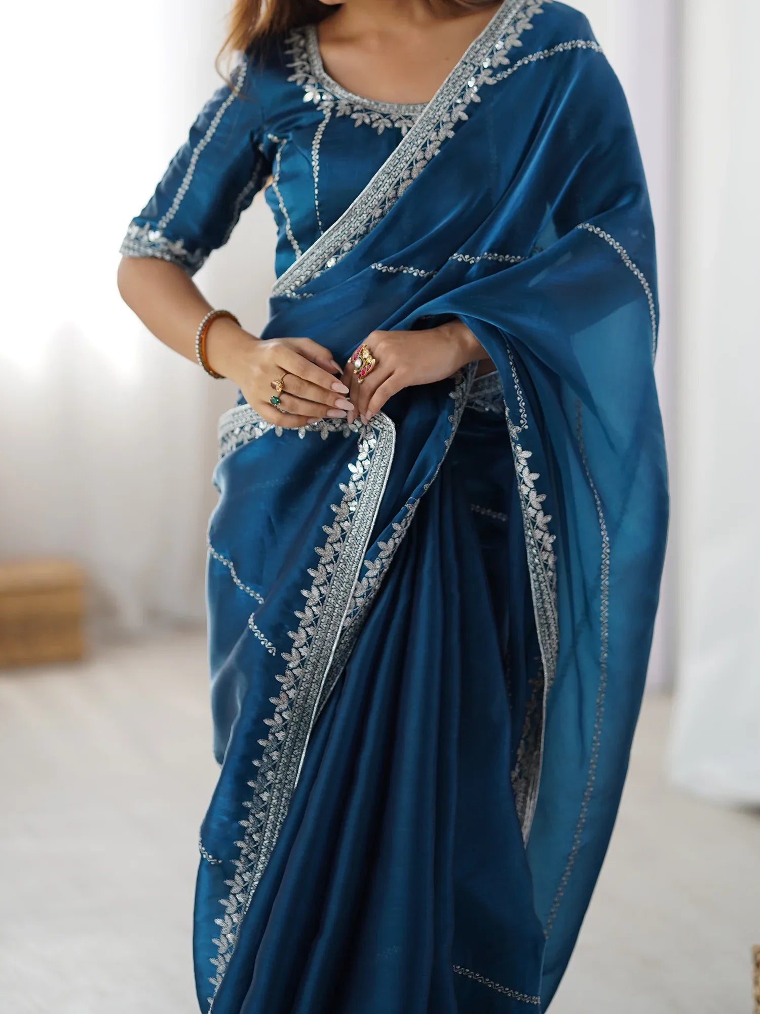 Beautiful Teal Blue Thread Embroidered Silk Party Wear Saree