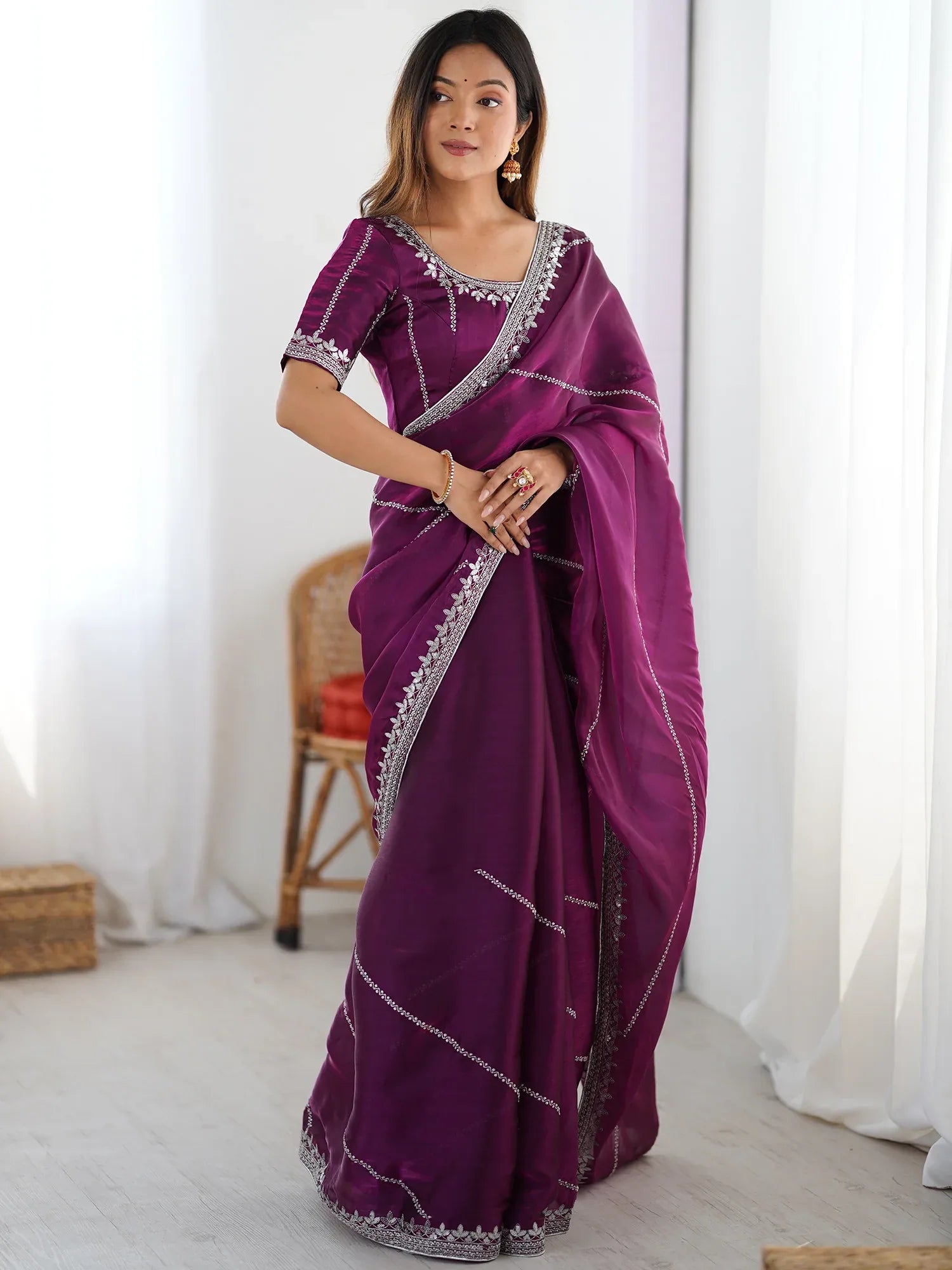 Elegant Wine Sequins Silk Reception Wear Saree With Blouse