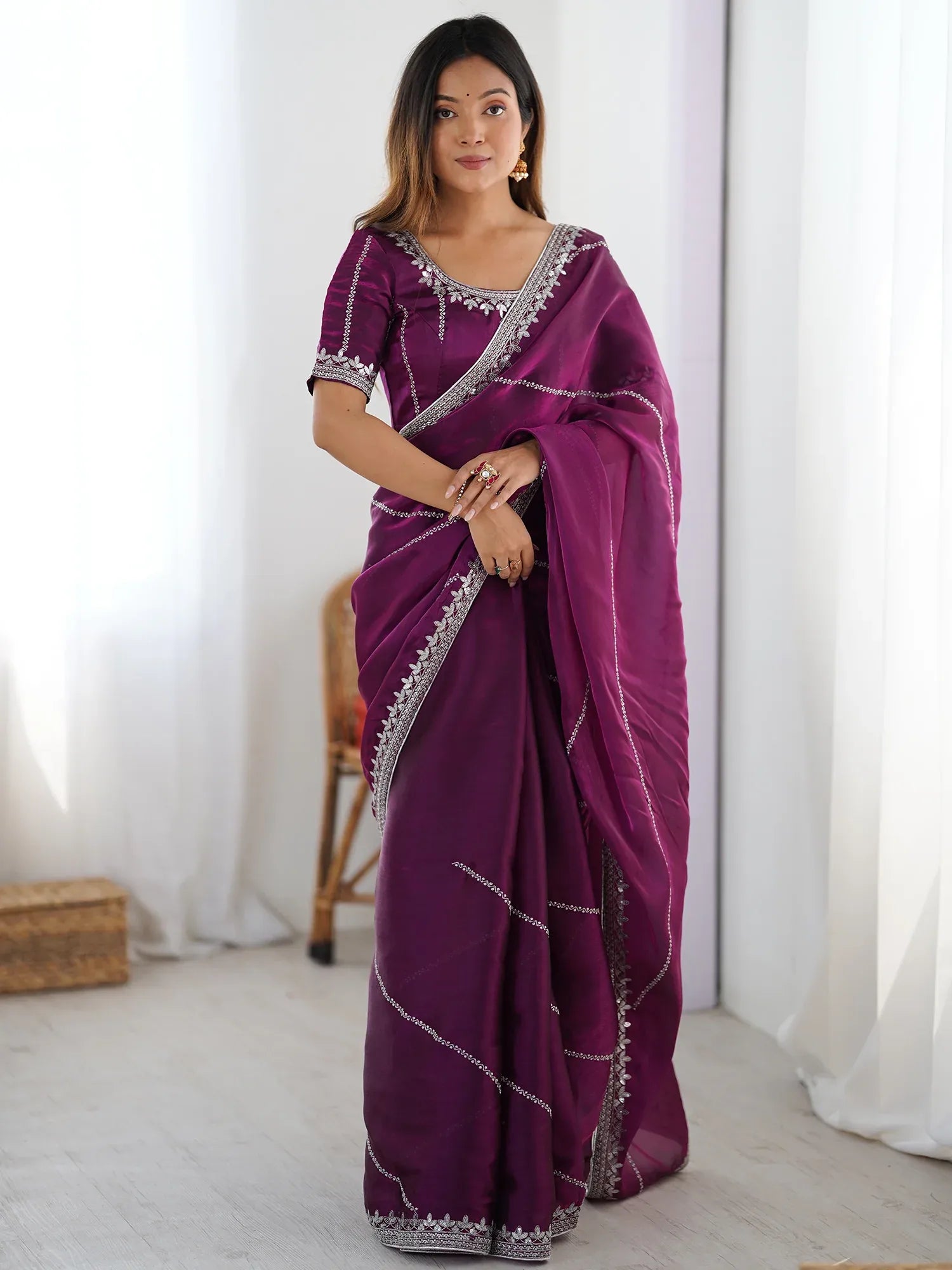 Elegant Wine Sequins Silk Reception Wear Saree With Blouse