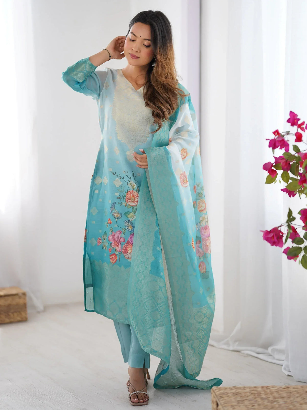 Turquoise floral printed salwar kameez with matching dupatta, ethnic Indian wear for women