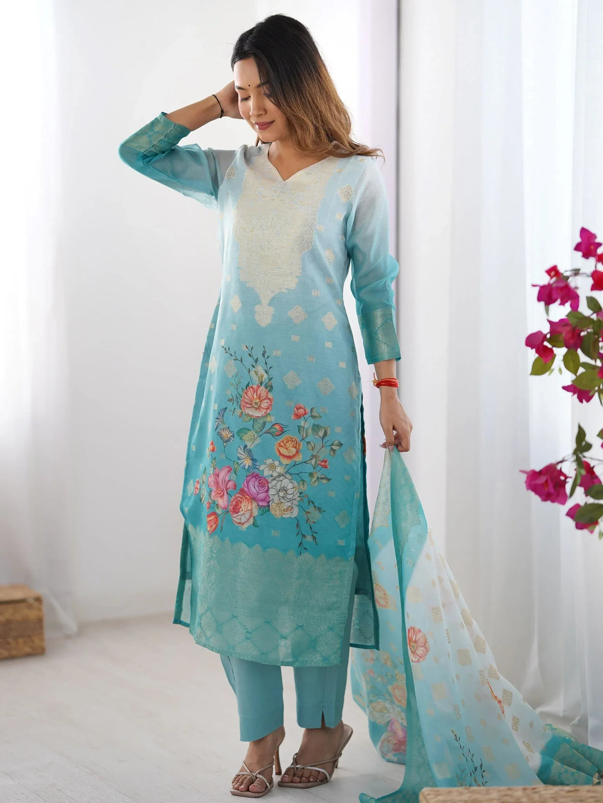 Turquoise floral printed kurta with matching pants and dupatta, ethnic Indian wear