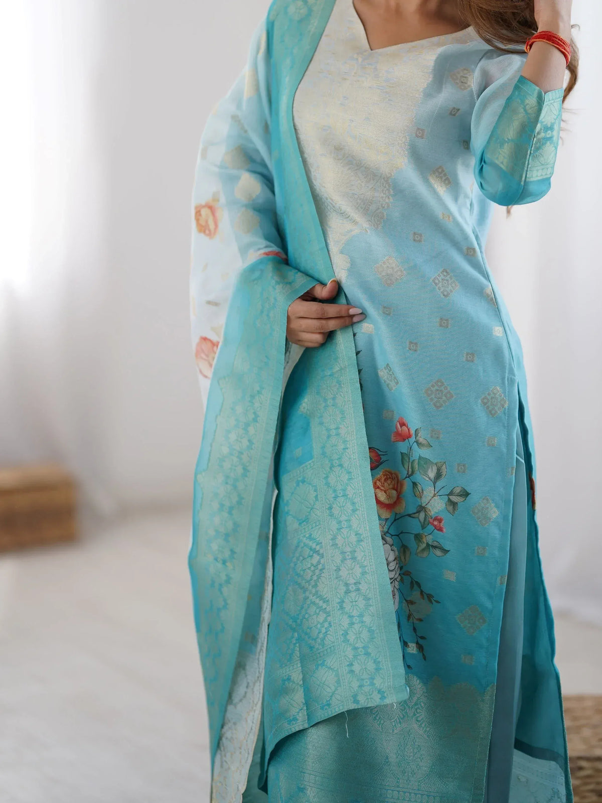 Light blue floral print salwar kameez with embroidered dupatta, Indian ethnic wear