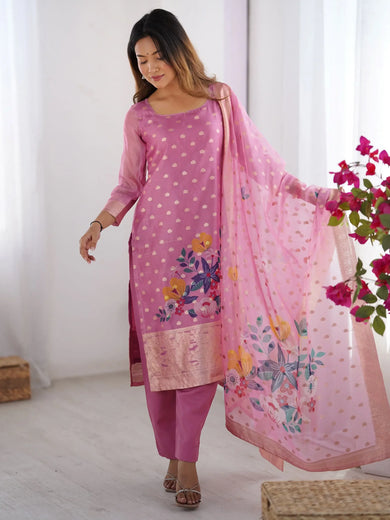 Pretty Baby Pink Chanderi Digital Printed Straight Suit With Dupatta
