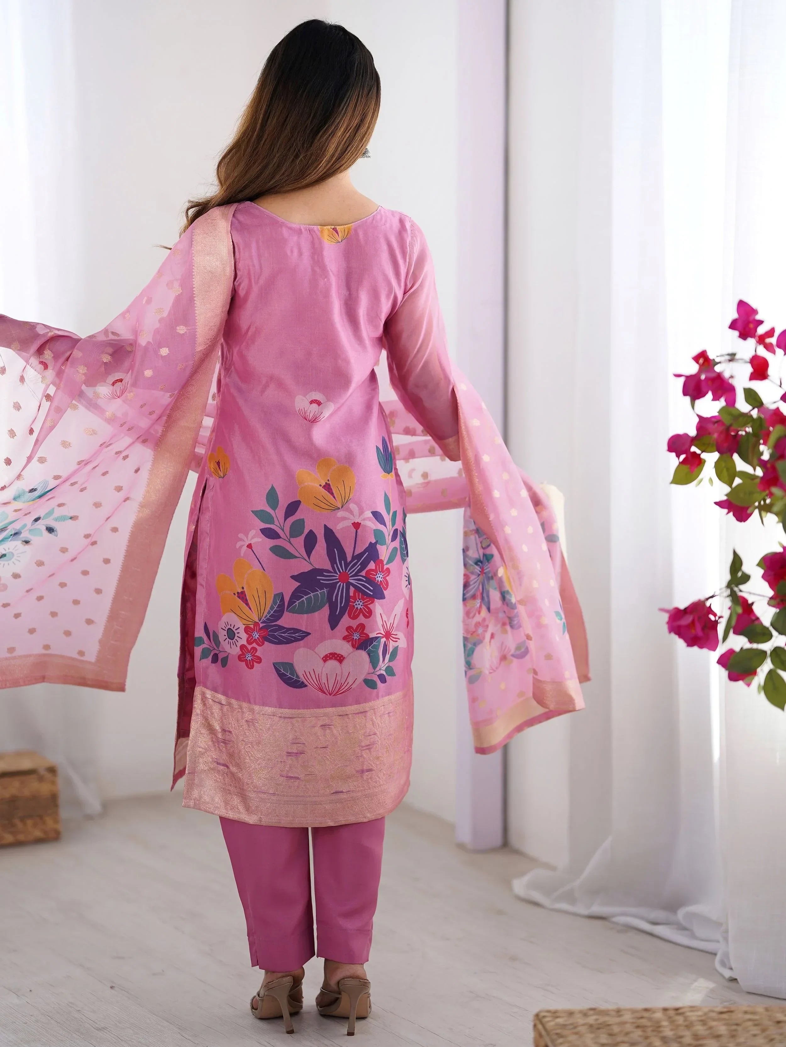 Pretty Baby Pink Chanderi Digital Printed Straight Suit With Dupatta