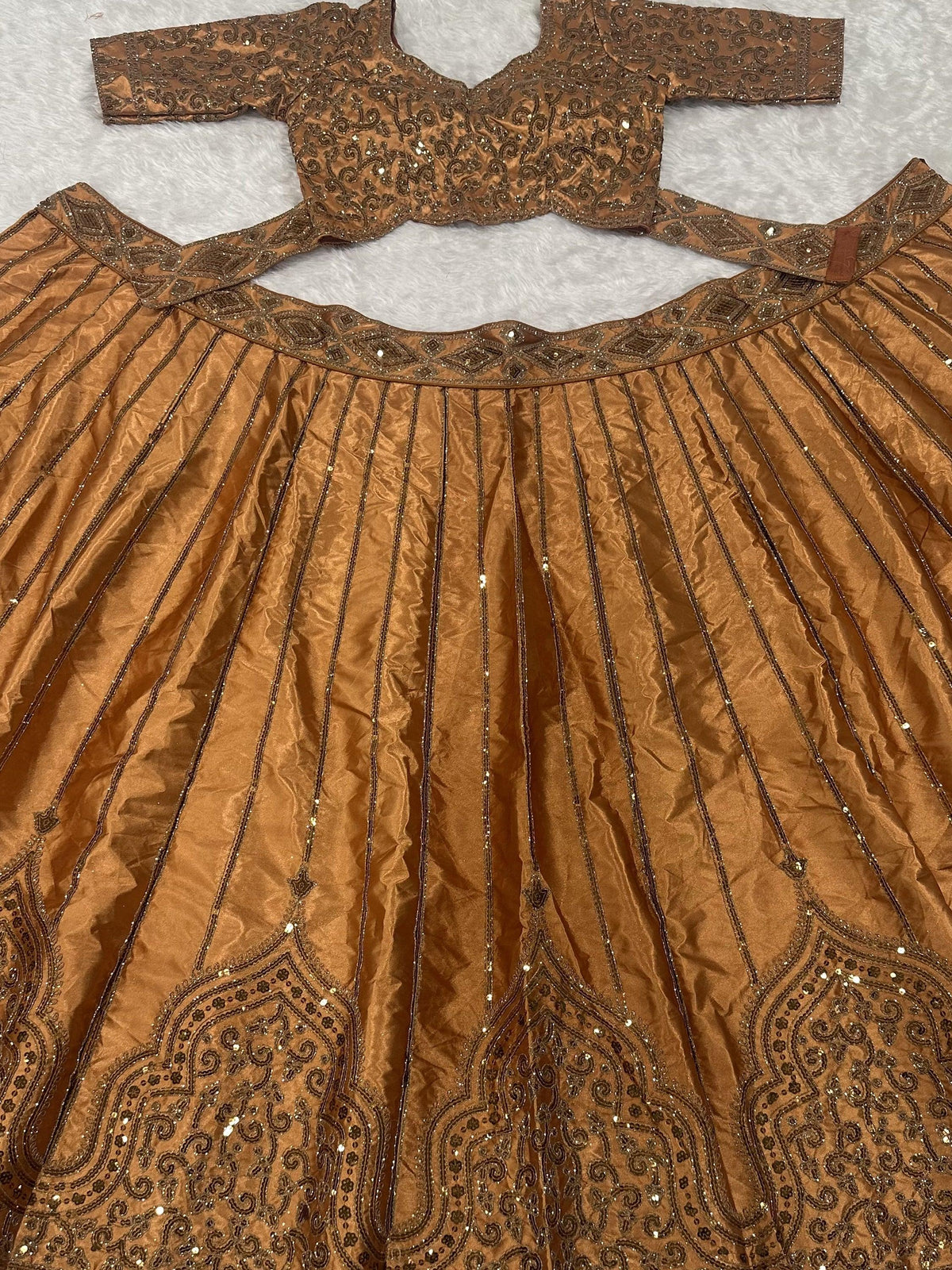 Terrific Golden Sequins Satin Reception Wear Lehenga Choli With Dupatta