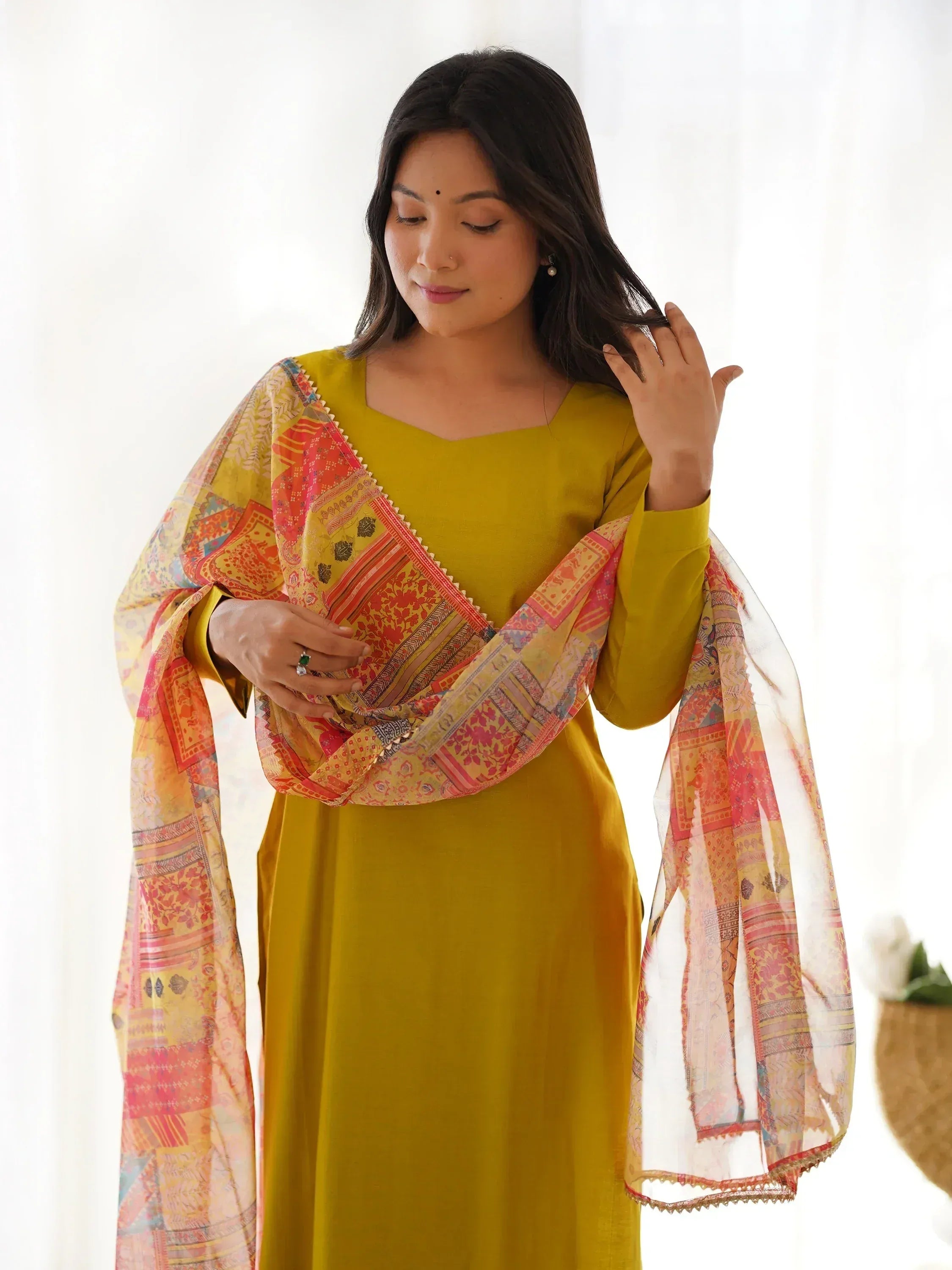 Yellow ethnic kurta with printed dupatta, Indian designer wear for women