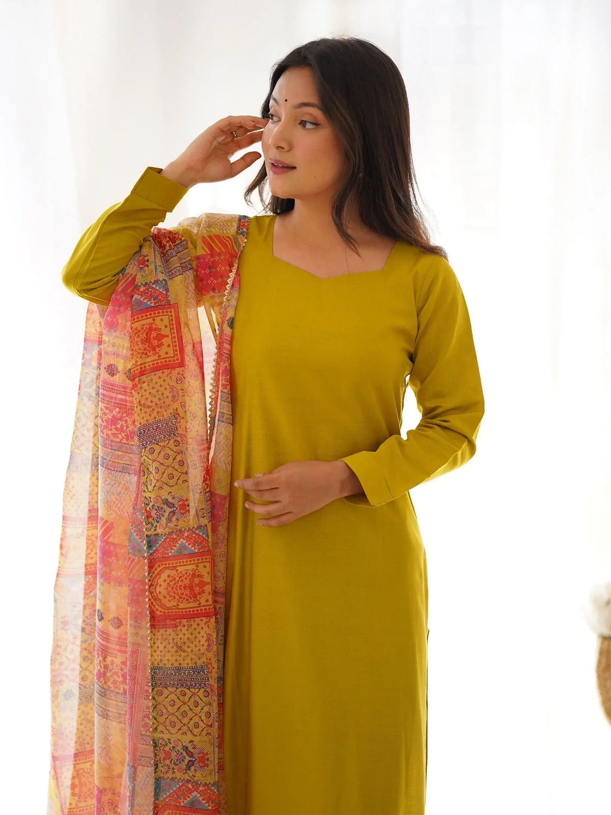 Mustard yellow kurta with colorful printed dupatta, Indian ethnic wear for women
