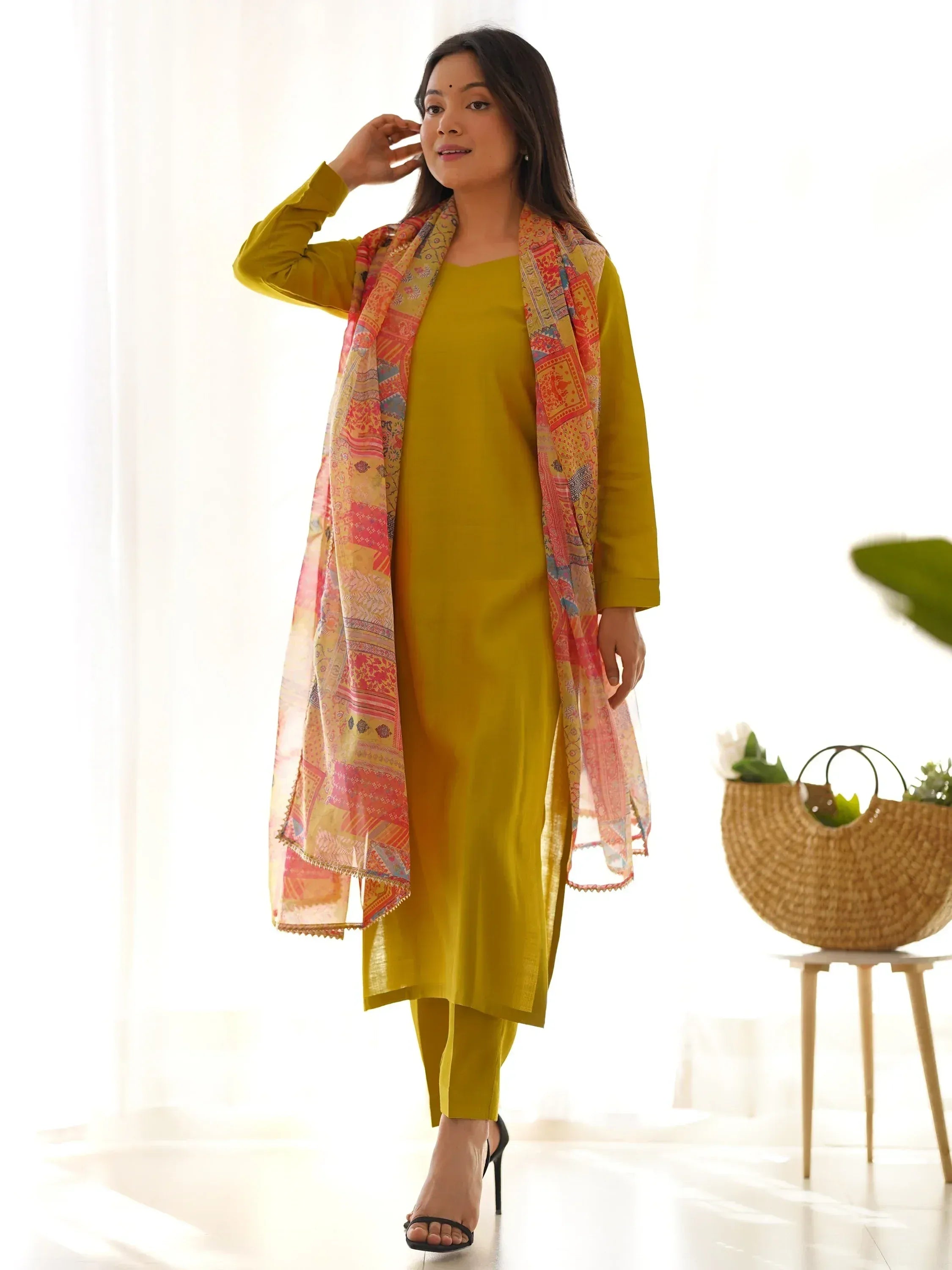 Mustard yellow salwar kameez with printed dupatta, ethnic Indian wear for women
