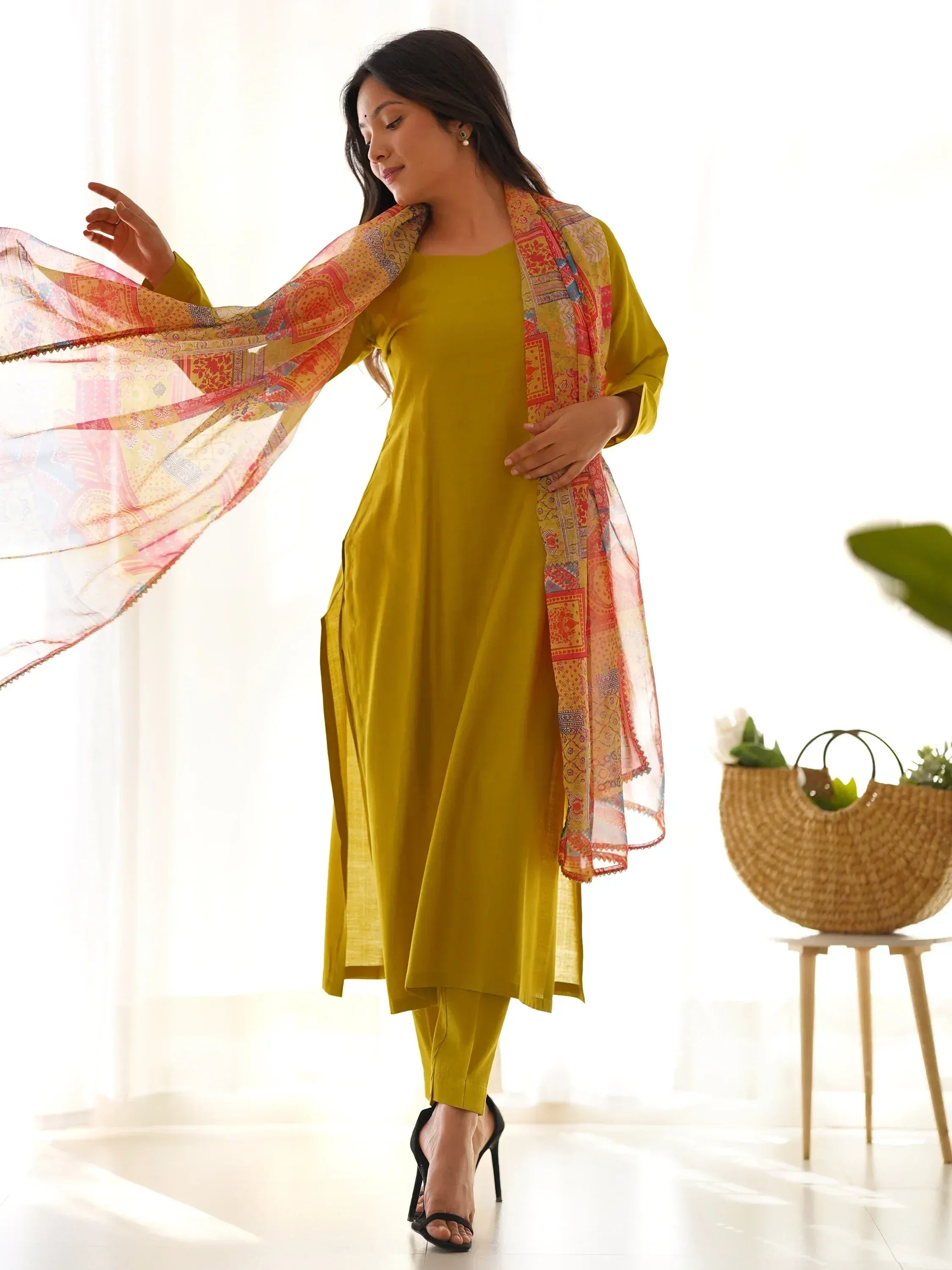 Mustard yellow salwar kameez with printed dupatta, ethnic Indian wear for women