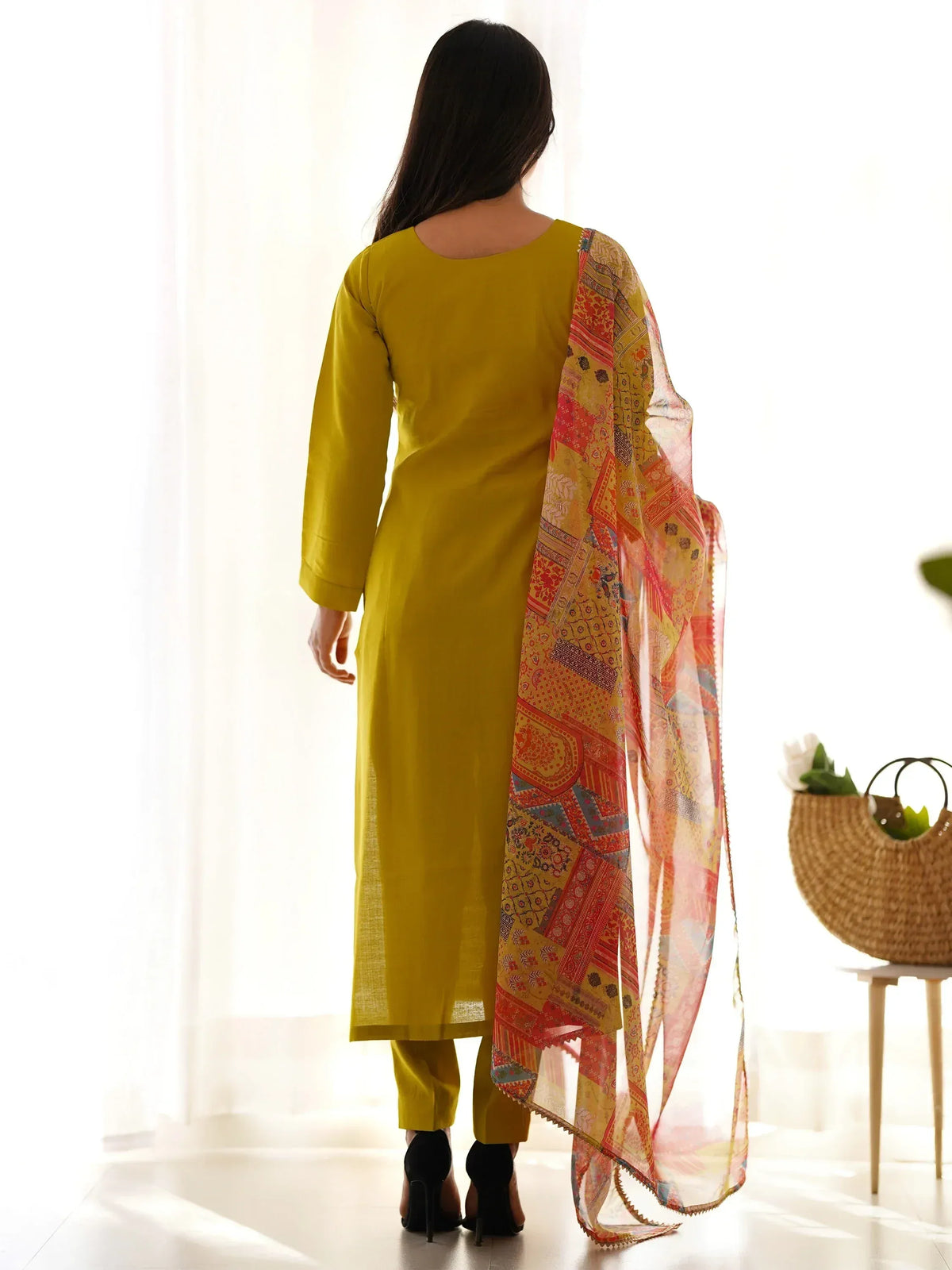 Mustard yellow salwar kameez with printed dupatta, ethnic wear for women
